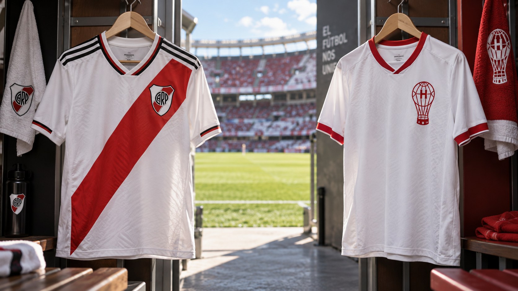 Ilustración editorial generada con IA: camisetas de River y Huracán en un vestuario representativo