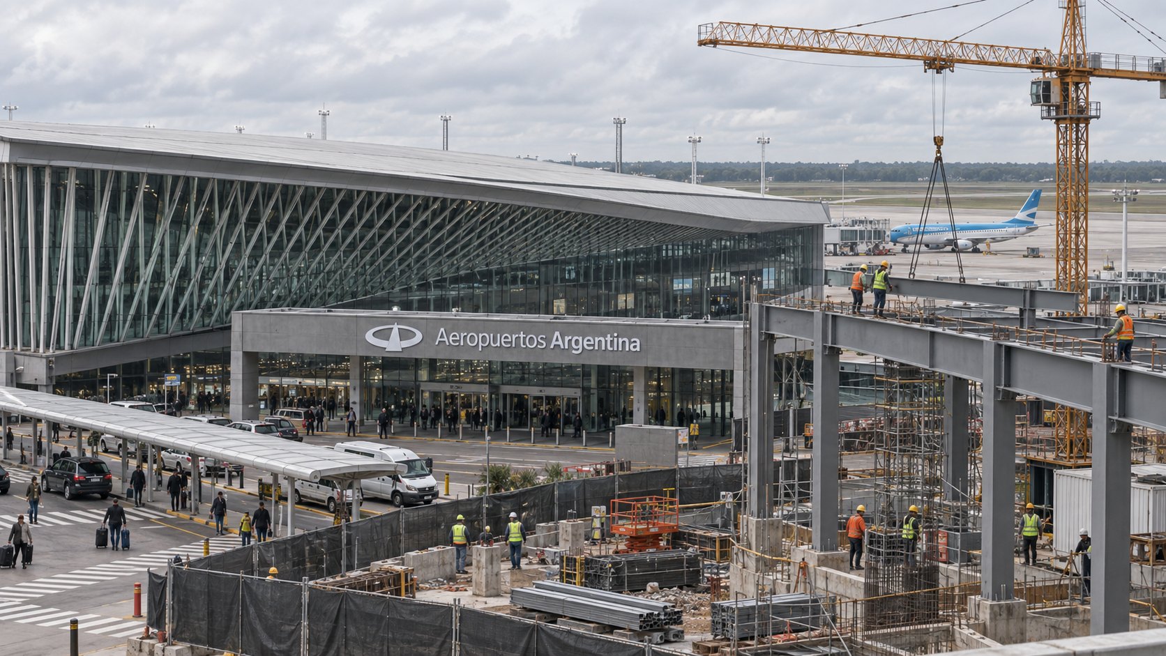Ilustración editorial generada con IA: la terminal del aeropuerto de Ezeiza con el cartel de Aeropuertos Argentina sobre el acceso y, en primer plano, obras de ampliación con una grúa torre, estructuras de acero y operarios con casco; composición conceptual, no es una fotografía de obras reales.