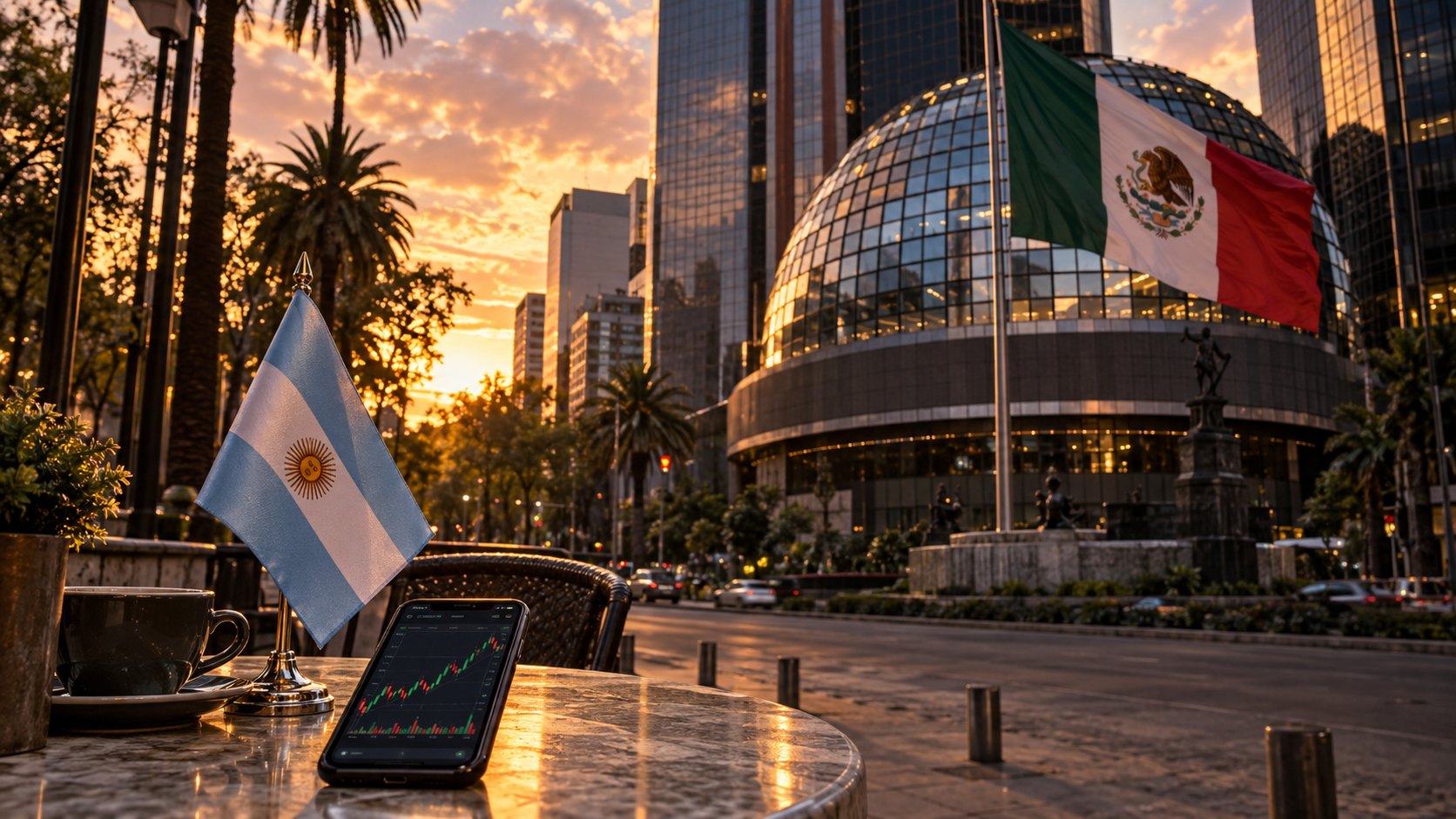 Ilustración editorial generada con IA: la torre de la Bolsa Mexicana de Valores en Paseo de la Reforma al atardecer con una bandera de México y, en primer plano, un banderín argentino junto a un celular con una app de inversión; composición conceptual, no es una fotografía real.