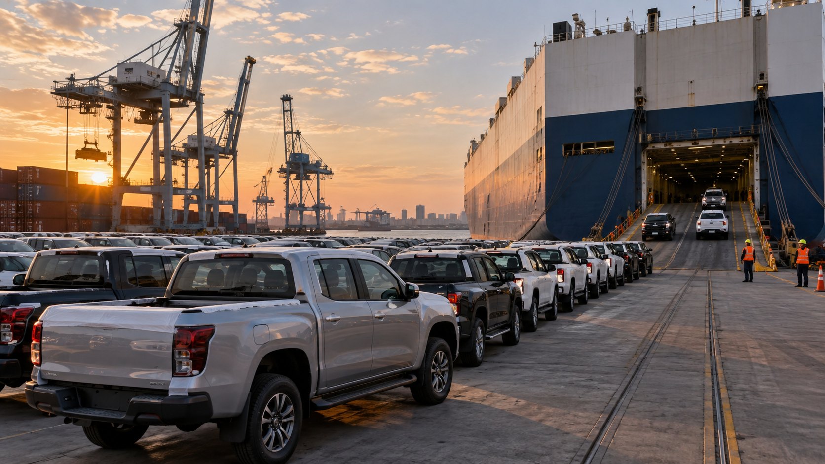 Ilustración editorial generada con IA: pickups y autos nuevos alineados en un puerto al atardecer, frente a un buque de carga de vehículos con la rampa baja y grúas al fondo; composición conceptual de la exportación automotriz, no es una fotografía de un embarque real.