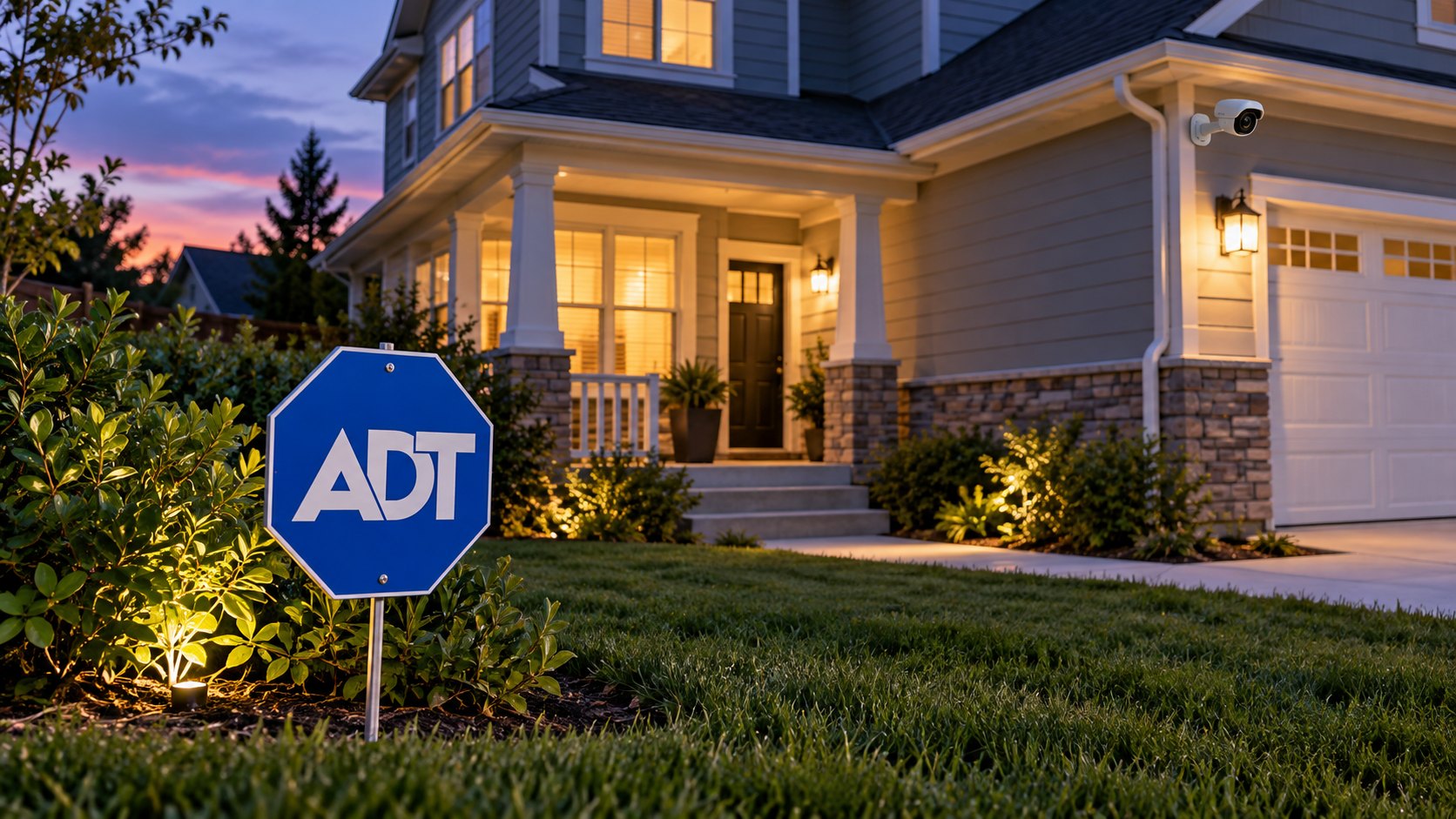 Ilustración editorial generada con IA: un cartel octogonal azul de ADT clavado en el jardín delantero de una casa suburbana de Estados Unidos al atardecer, con una cámara de seguridad en la fachada y las luces encendidas; composición conceptual, no es una fotografía de un domicilio real.