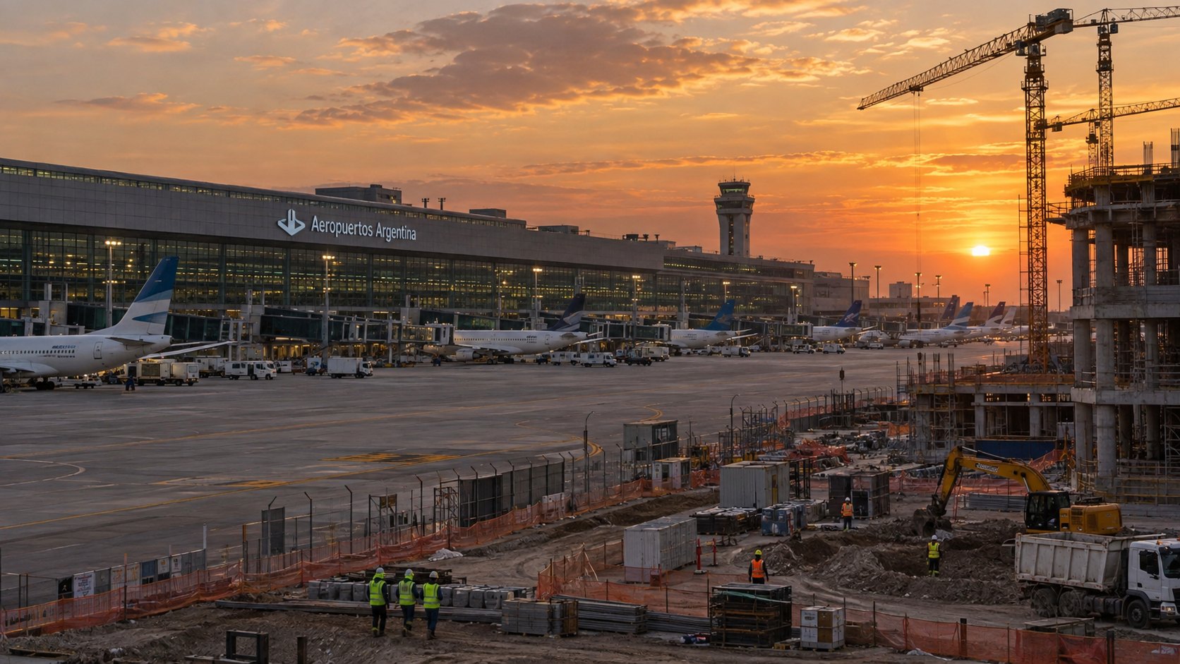 Ilustración editorial generada con IA: la terminal de partidas del Aeropuerto Internacional de Ezeiza al atardecer, con el cartel de Aeropuertos Argentina, aviones en la plataforma y, a un costado, un sector en obra con grúas torre, máquinas y operarios con casco; composición conceptual, no es una fotografía de las obras anunciadas.