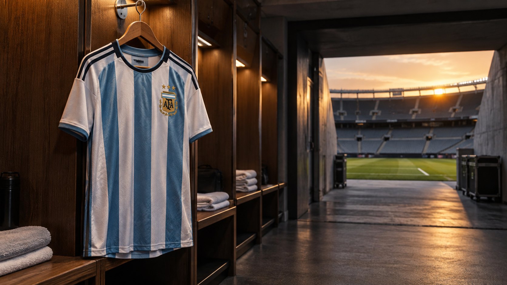 Ilustración editorial generada con IA: la camiseta a bastones celestes y blancos de la Selección Argentina cuelga sola en un vestuario vacío, con el campo de juego y las tribunas al fondo del túnel; no es una fotografía de un estadio ni de un partido real.