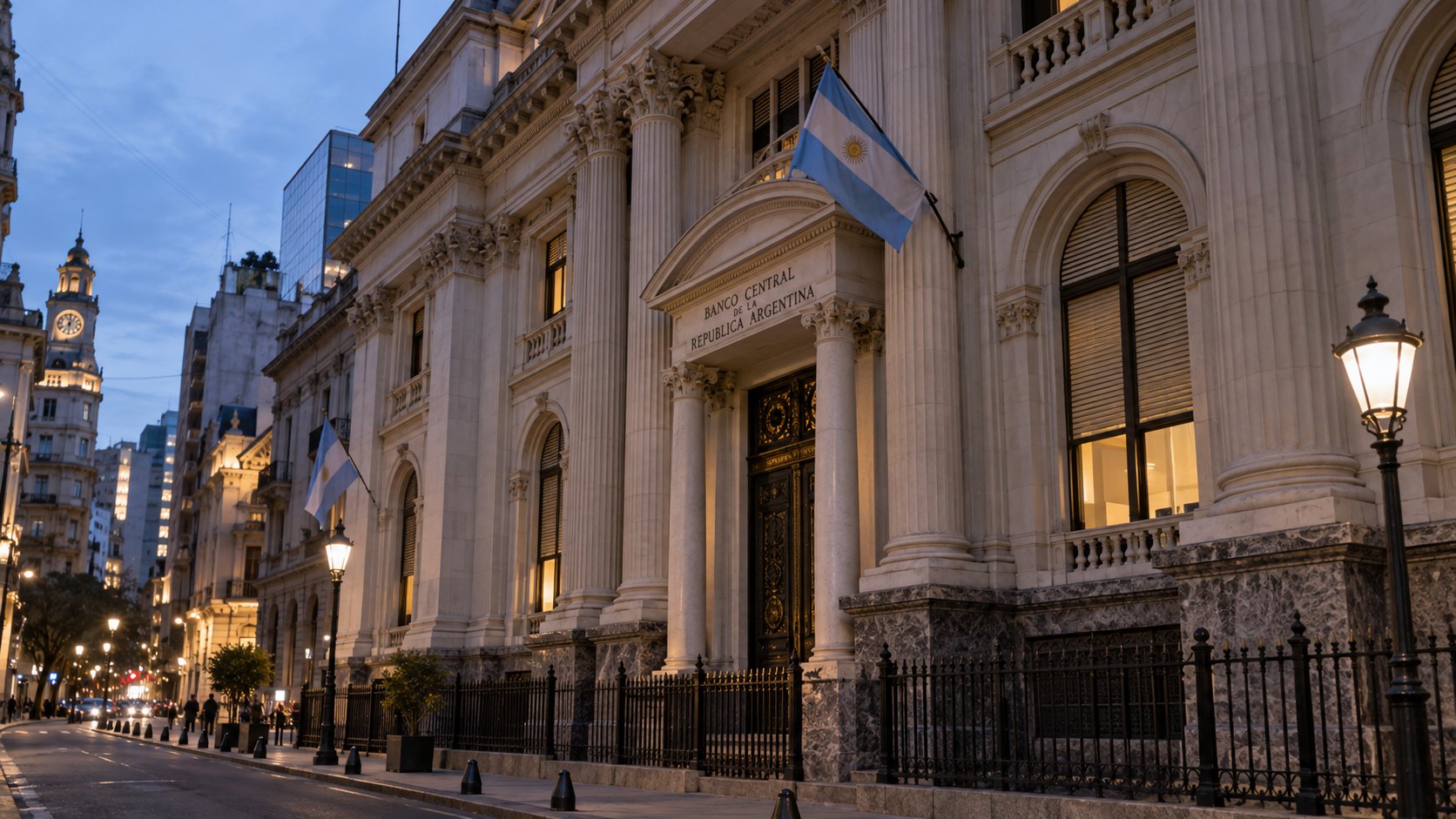 Ilustración editorial generada con IA: la fachada histórica del edificio del Banco Central de la República Argentina en la calle Reconquista, en el microcentro porteño, al anochecer, con la bandera argentina; composición conceptual, no es una fotografía del día del anuncio.