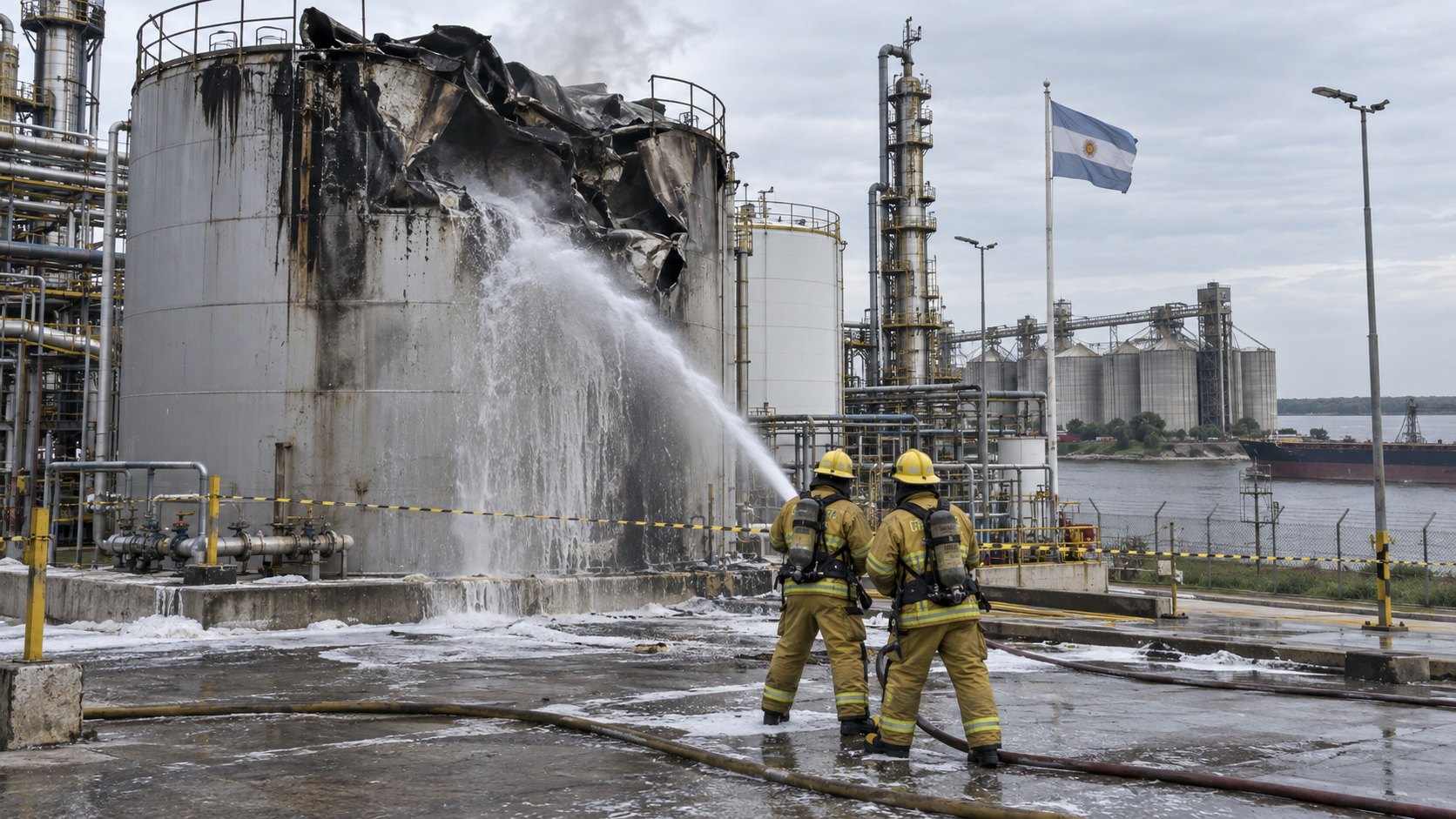 Ilustración editorial generada con IA: en una planta industrial a orillas del río Paraná, dos bomberos voluntarios de espaldas enfrían con una lanza de agua un tanque de acero con el techo deformado y ennegrecido, rodeado de cinta de peligro, con otros tanques y silos al fondo; composición conceptual, no es una fotografía de la planta de Albardon Bio ni del hecho.