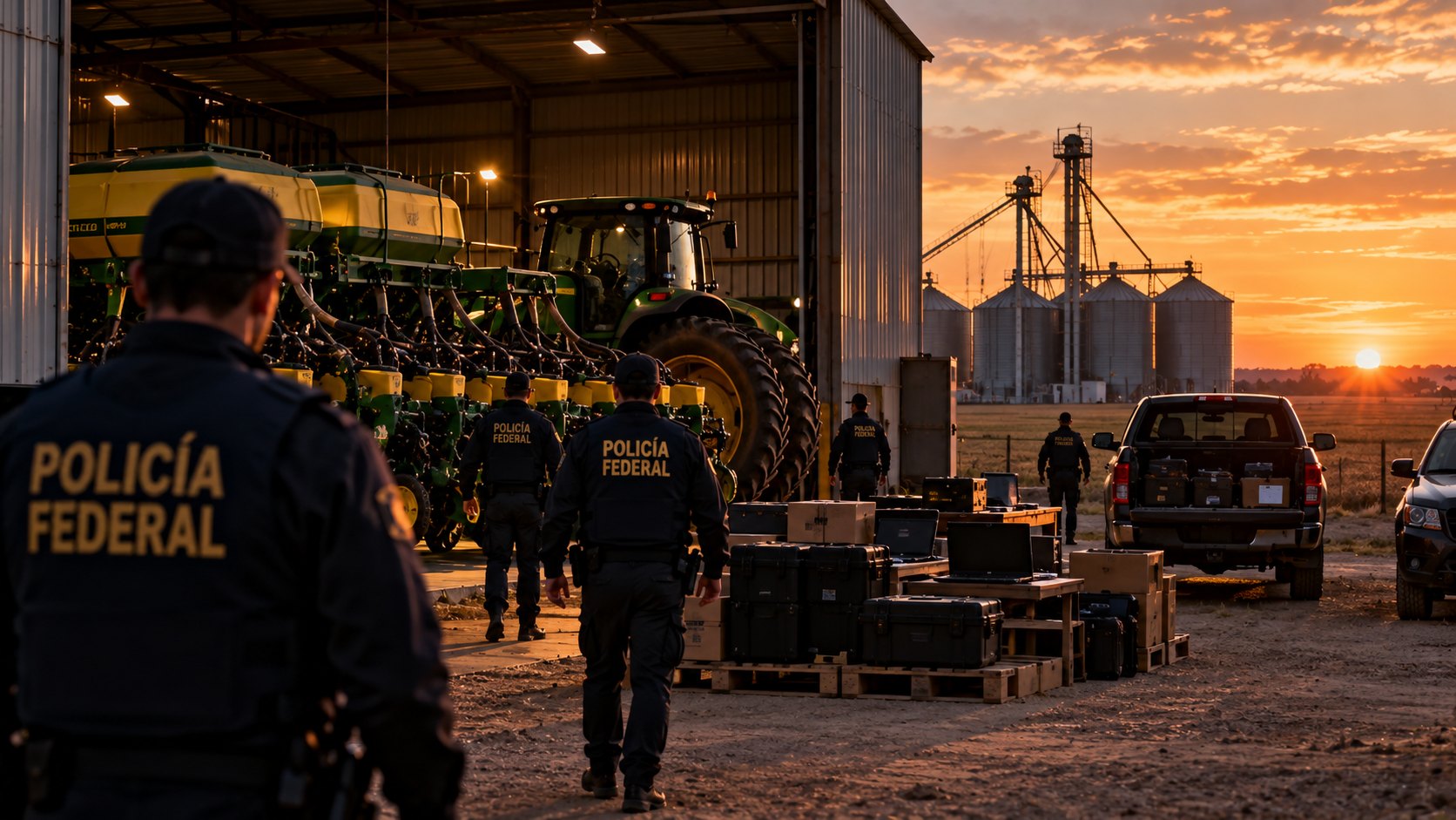 Ilustración editorial generada con IA: agentes de la Policía Federal Argentina de espaldas, con chalecos azules, durante un allanamiento en un galpón rural con un tractor y una sembradora, silos y campo al atardecer; composición conceptual, no es una fotografía de los operativos reales.