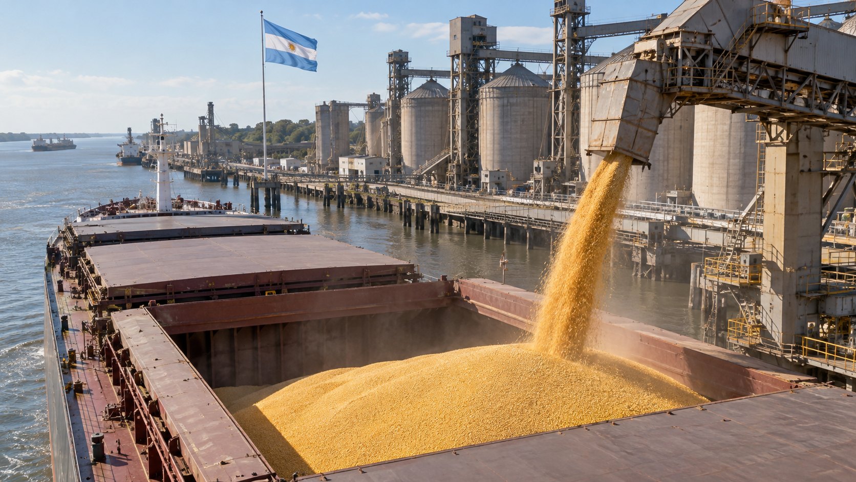 Ilustración editorial generada con IA: un buque granelero carga maíz en una terminal portuaria del Gran Rosario sobre el río Paraná, con una bandera argentina en el muelle; no es una fotografía de un embarque real.