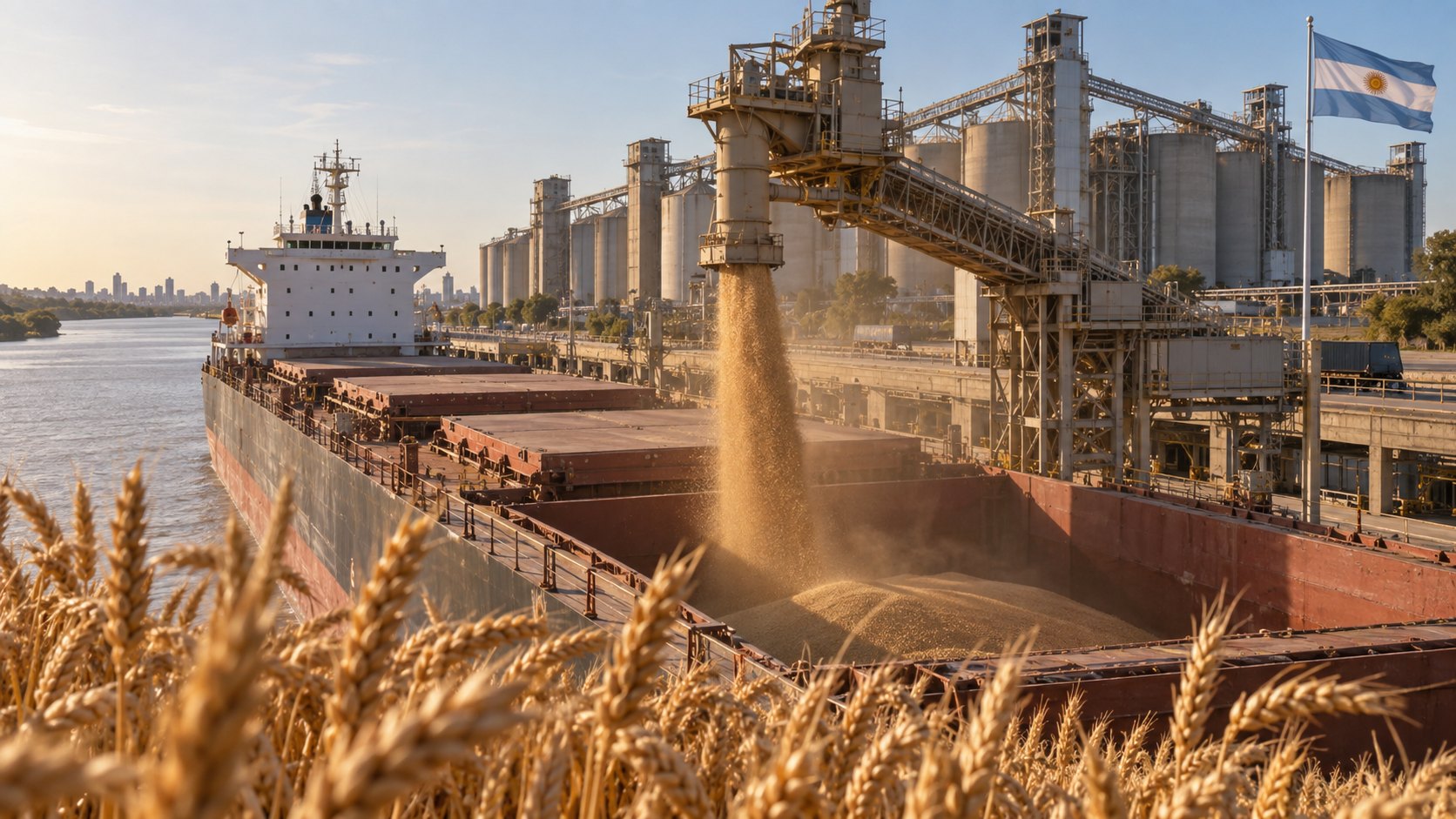 Ilustración editorial generada con IA: un buque granelero carga trigo en una terminal portuaria sobre el río Paraná, con espigas maduras en primer plano, silos al fondo y una bandera argentina; no es una fotografía de un embarque real.