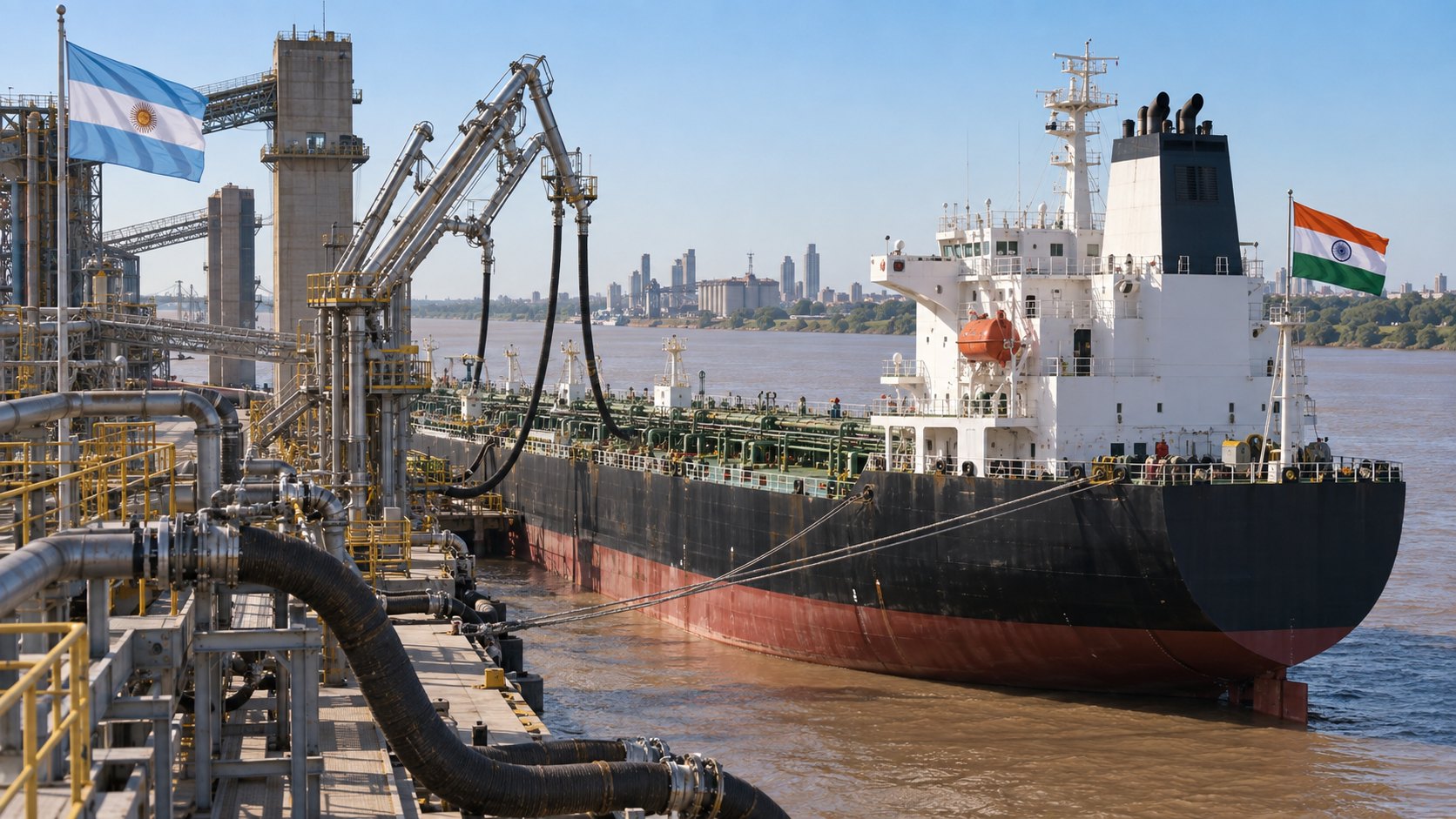 Ilustración editorial generada con IA: un buque tanque carga aceite vegetal en una terminal sobre el río Paraná, con brazos de carga en primer plano, una bandera de la India en la popa y una bandera argentina en el muelle; no es una fotografía de un embarque real.