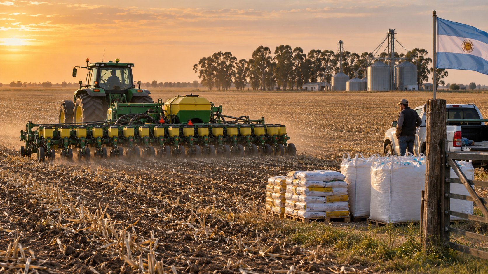 Ilustración editorial generada con IA: un tractor con una sembradora trabaja sobre rastrojo en un lote pampeano al atardecer, junto a bolsas de semilla, big bags de fertilizante, una camioneta, silos y una bandera argentina; no es una fotografía de un campo real.