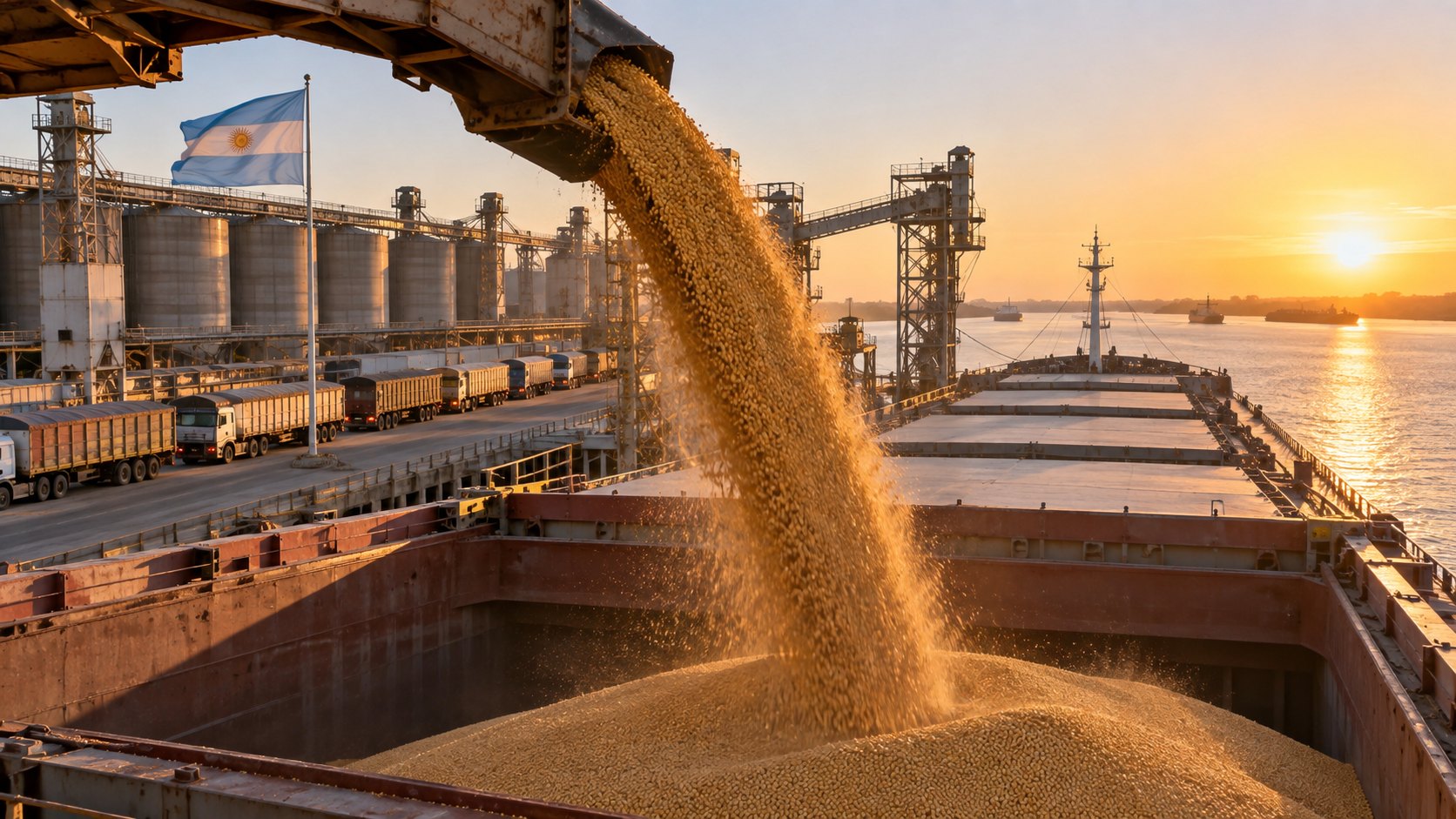 Ilustración editorial generada con IA: un chorro de granos de soja cae desde una cinta hacia la bodega de un buque granelero en una terminal portuaria sobre el Paraná, con silos, camiones cerealeros y una bandera argentina; no es una fotografía de un hecho real.