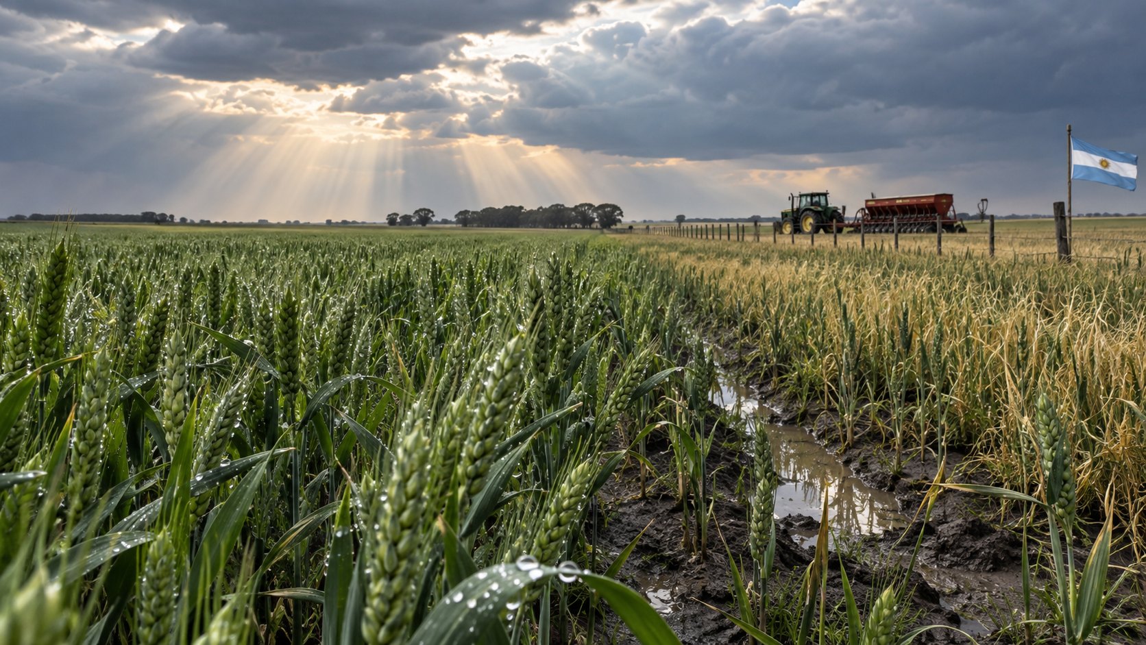 Ilustración editorial generada con IA: un lote de trigo verde con gotas de lluvia en primer plano, charcos entre los surcos, una sembradora y un tractor en un lote vecino y una bandera argentina en el alambrado bajo un cielo de tormenta que se abre; composición conceptual, no es una fotografía de un campo real.