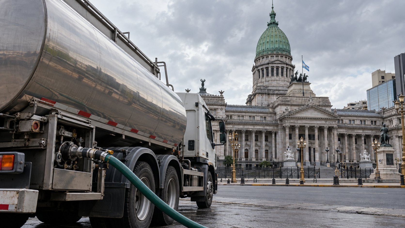Ilustración editorial generada con IA: el Palacio del Congreso de la Nación en Buenos Aires, con su cúpula verde, detrás de un camión cisterna de combustible en un día nublado; composición conceptual, no es una fotografía del plenario.