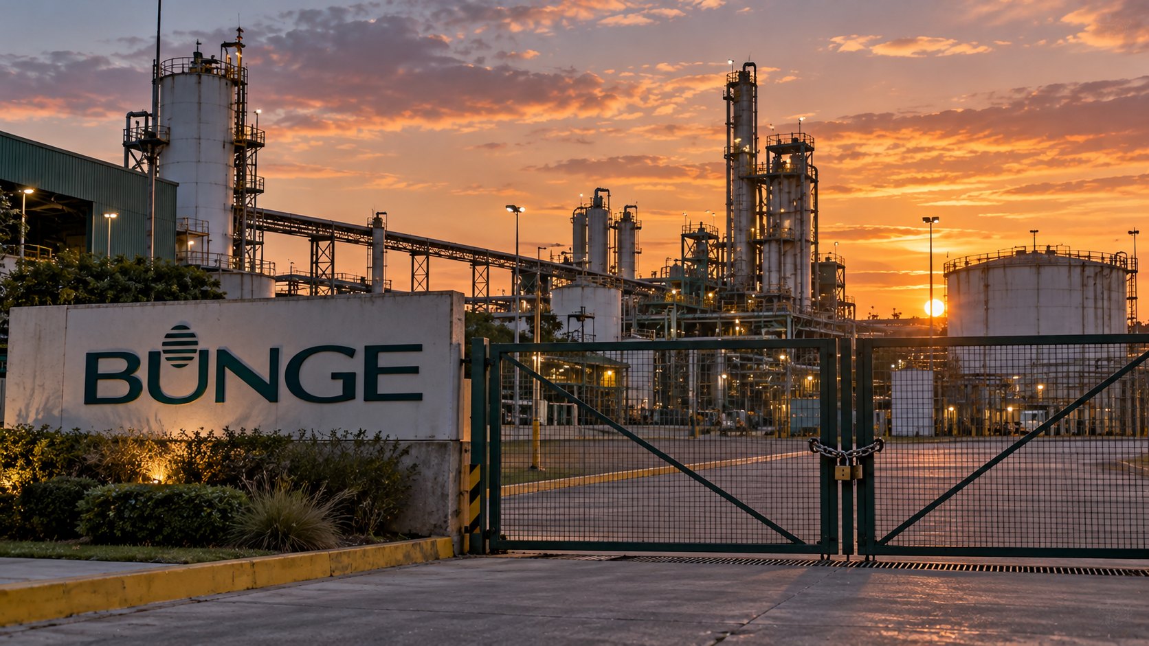 Ilustración editorial generada con IA: el portón de rejas de una planta química de fertilizantes, cerrado con cadena y candado al atardecer, junto a un cartel de Bunge en la entrada, con tanques y torres de proceso detrás; composición conceptual, no es una fotografía de la planta de Campana.