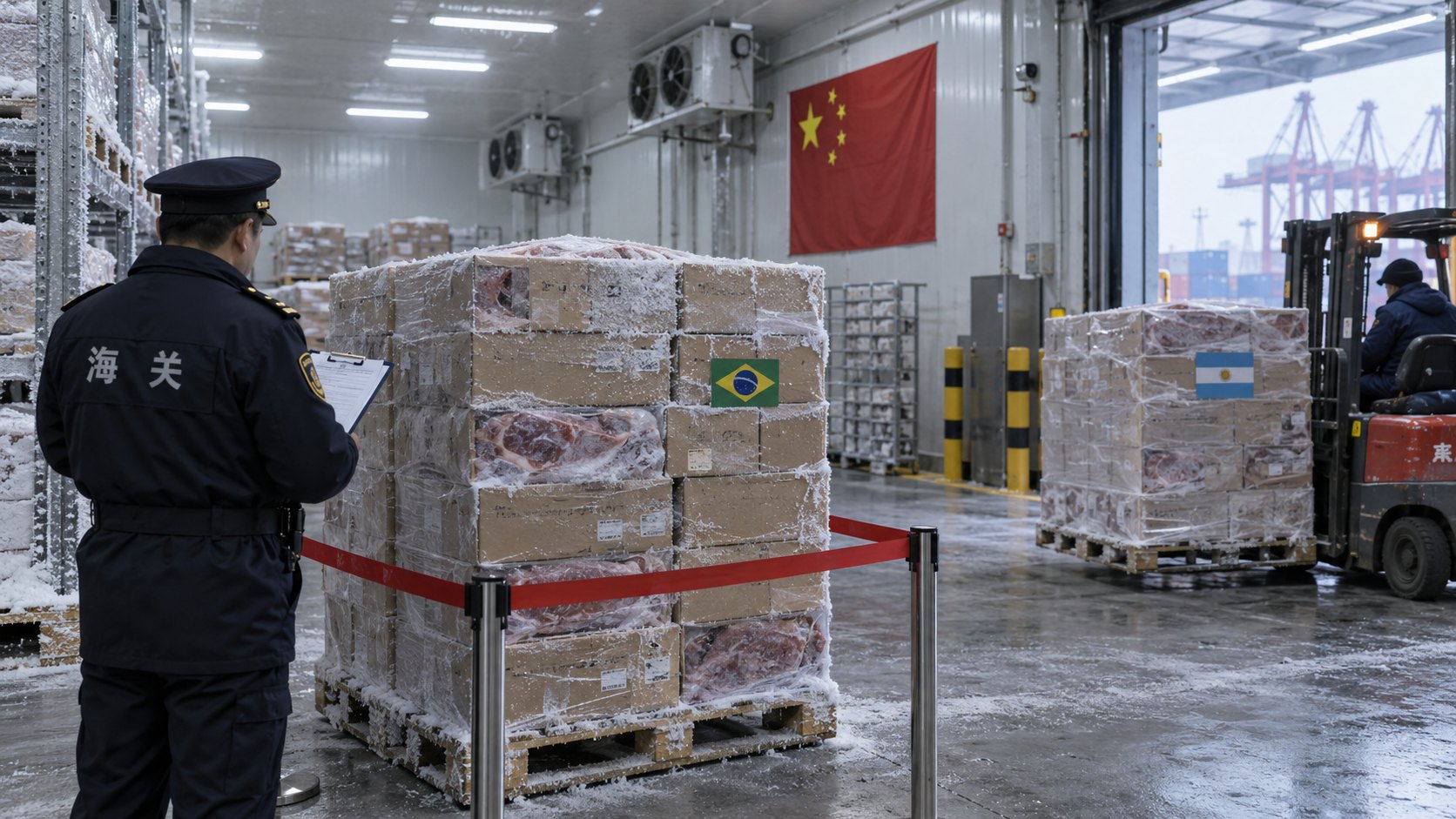 Ilustración editorial generada con IA: en una cámara frigorífica de un puerto chino, un pallet de cajas de carne vacuna con una bandera de Brasil queda detenido tras una cinta roja junto a un inspector aduanero de espaldas, mientras un autoelevador mueve otro pallet con una bandera argentina y una bandera china cuelga al fondo; composición conceptual, no es una fotografía de un puerto ni de cargamentos reales.