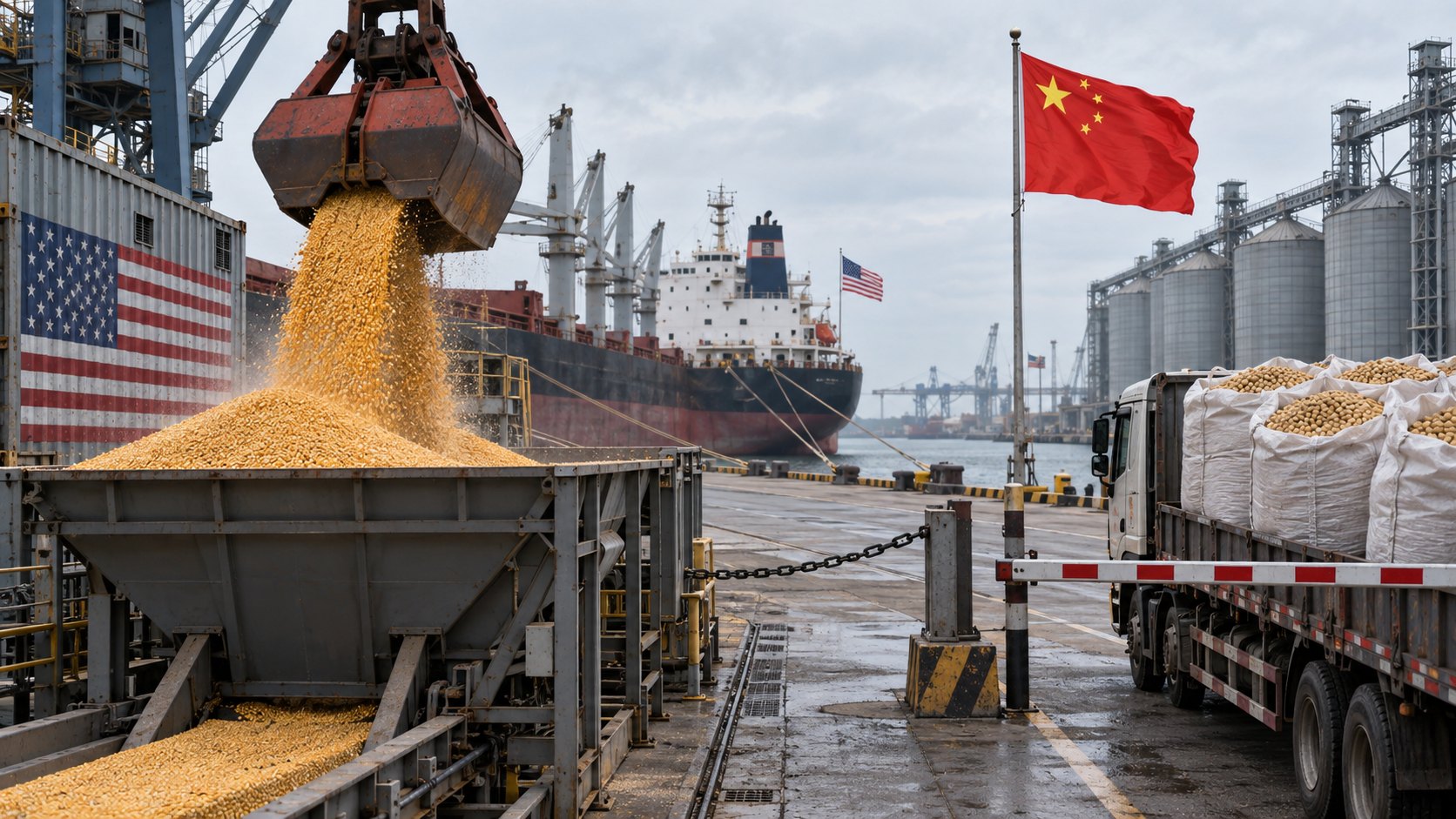 Ilustración editorial generada con IA: en un muelle granelero, una grúa almeja descarga maíz en una tolva junto a un contenedor con la bandera de Estados Unidos y bajo una bandera china, mientras a la derecha un camión con bolsas de soja queda detenido detrás de una barrera; composición conceptual, no es una fotografía de un hecho real.