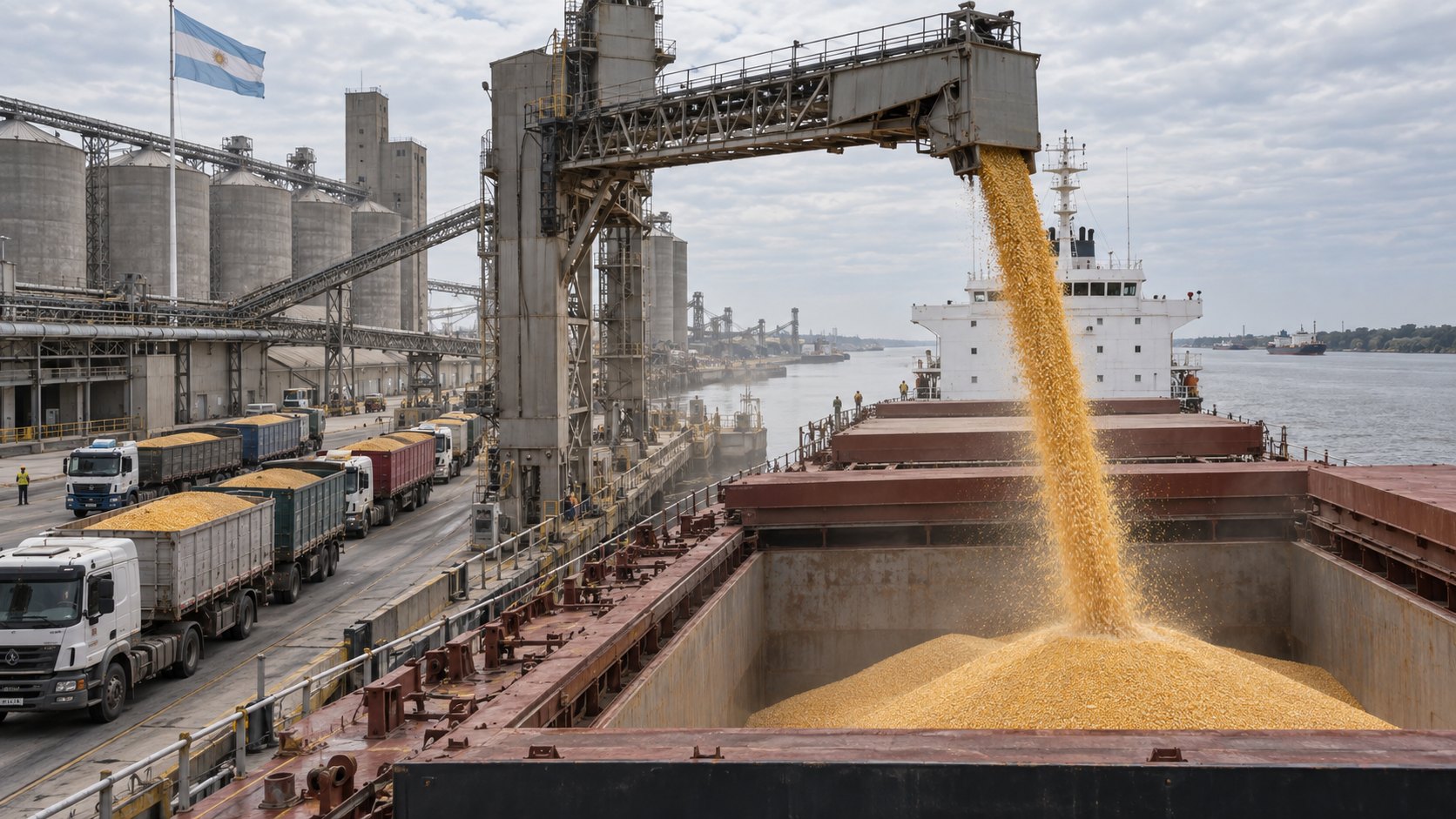 Ilustración editorial generada con IA: en una terminal portuaria sobre el río Paraná, una cinta transportadora vuelca un chorro de maíz amarillo en la bodega abierta de un buque granelero, con una fila de camiones cargados de maíz sobre el muelle, silos de hormigón y una bandera argentina al fondo; composición conceptual, no es una fotografía de una terminal real.