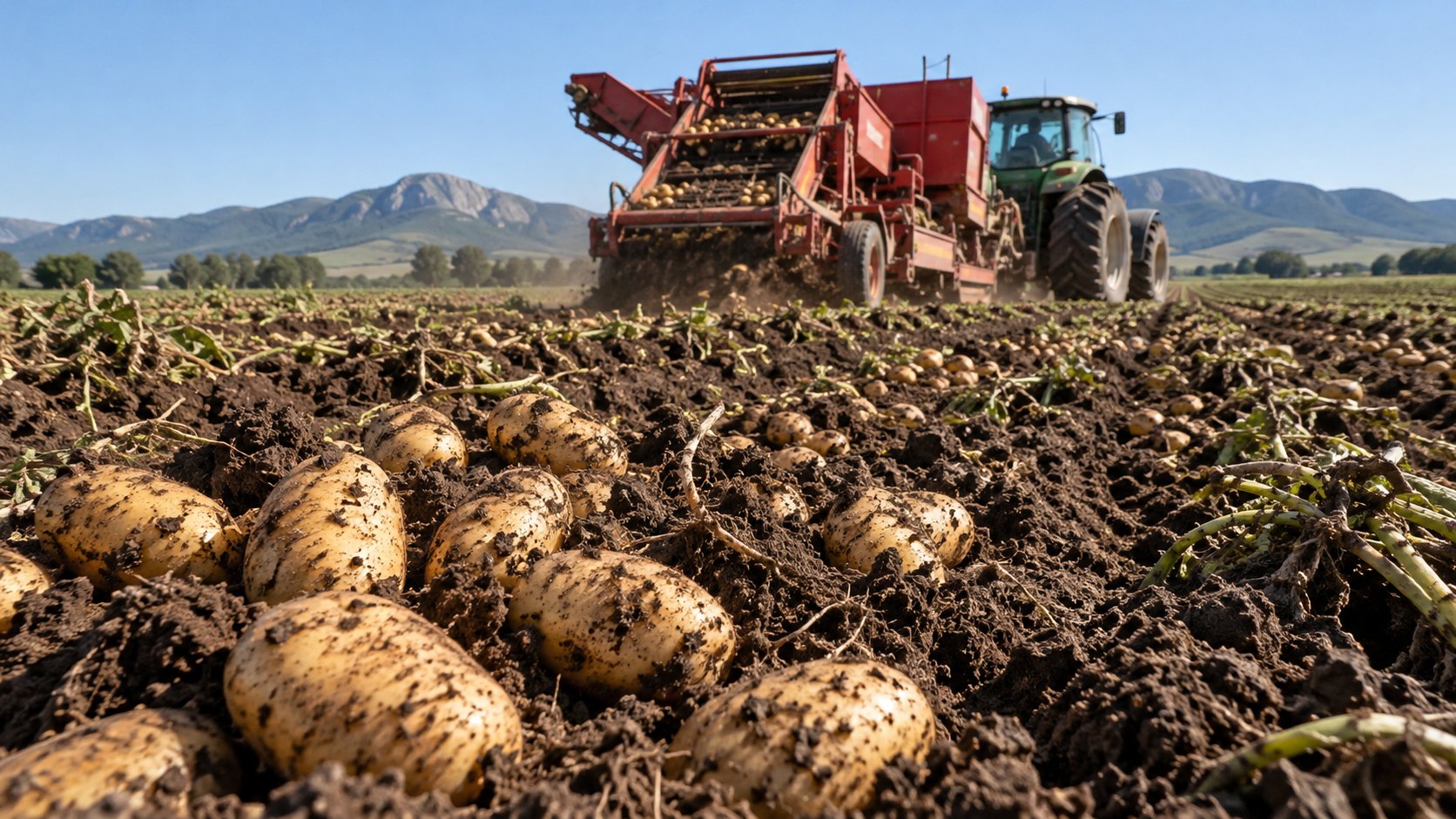 Ilustración editorial generada con IA: una cosechadora de papa arrastrada por un tractor trabaja un lote del sudeste bonaerense, con papas recién cosechadas sobre la tierra negra en primer plano y sierras bajas al fondo; no es una fotografía de un campo real.