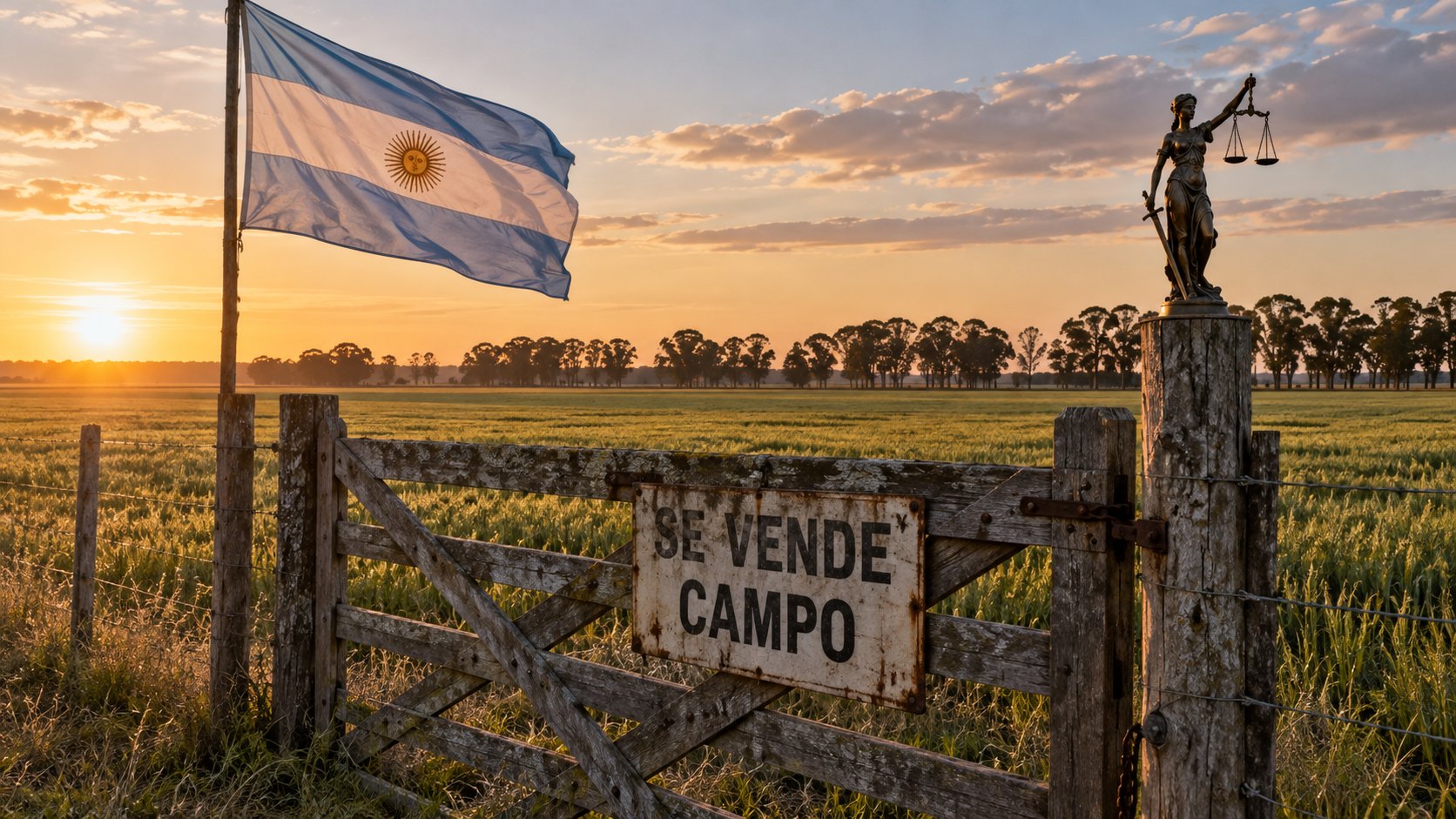 Ilustración editorial generada con IA: una tranquera de madera en un campo de trigo de la pampa al atardecer, con un cartel de «Se vende campo», una pequeña estatua de bronce de la Justicia sobre el poste y una bandera argentina; composición conceptual, no es una fotografía de un campo real.