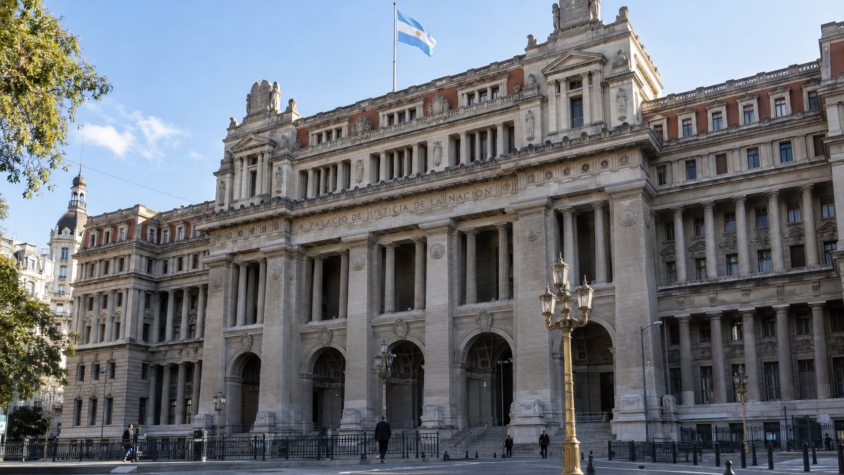 Ilustración editorial generada con IA: la fachada neoclásica del Palacio de Justicia de la Nación, sede de la Corte Suprema, en Buenos Aires, con sus columnas, una bandera argentina en lo alto y peatones en la vereda a la luz de la mañana; composición conceptual, no es una fotografía del día del fallo.