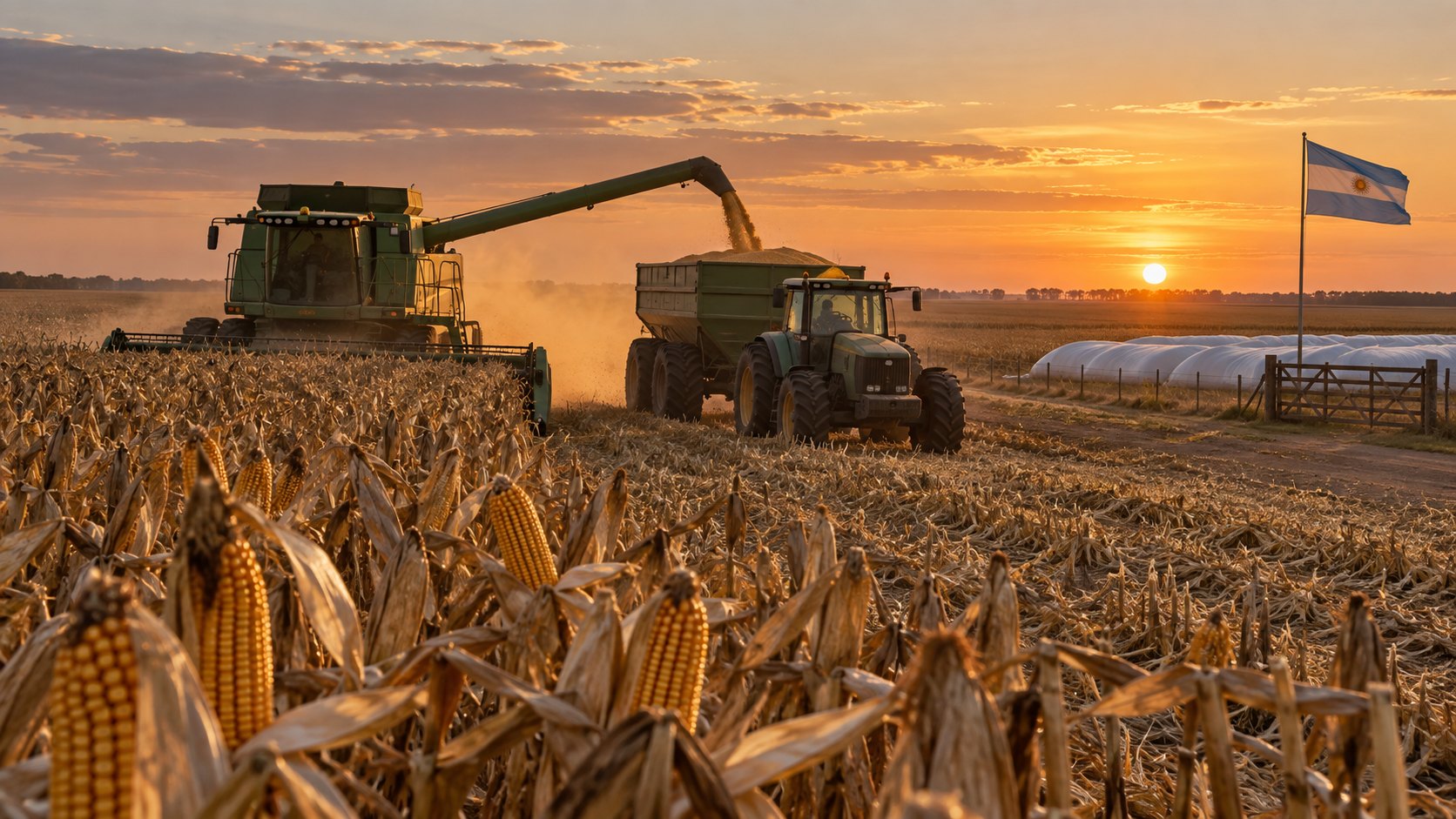 Ilustración editorial generada con IA: una cosechadora descarga maíz en una tolva tirada por un tractor en un lote de la llanura pampeana al atardecer, con silobolsas blancas y una bandera argentina junto a la tranquera; composición conceptual, no es una fotografía de un campo real.
