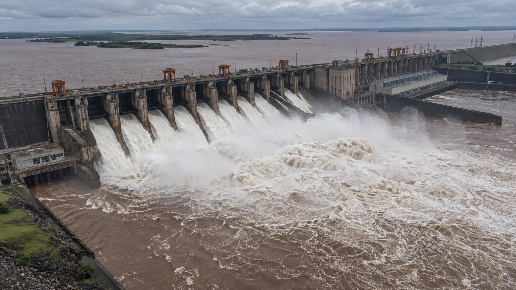 Ilustración editorial generada con IA: la represa de Yacyretá sobre el río Paraná con las compuertas del vertedero abiertas y grandes chorros de agua cayendo al río crecido, en una vista aérea bajo un cielo nublado; composición conceptual, no es una fotografía de la apertura real de las compuertas.