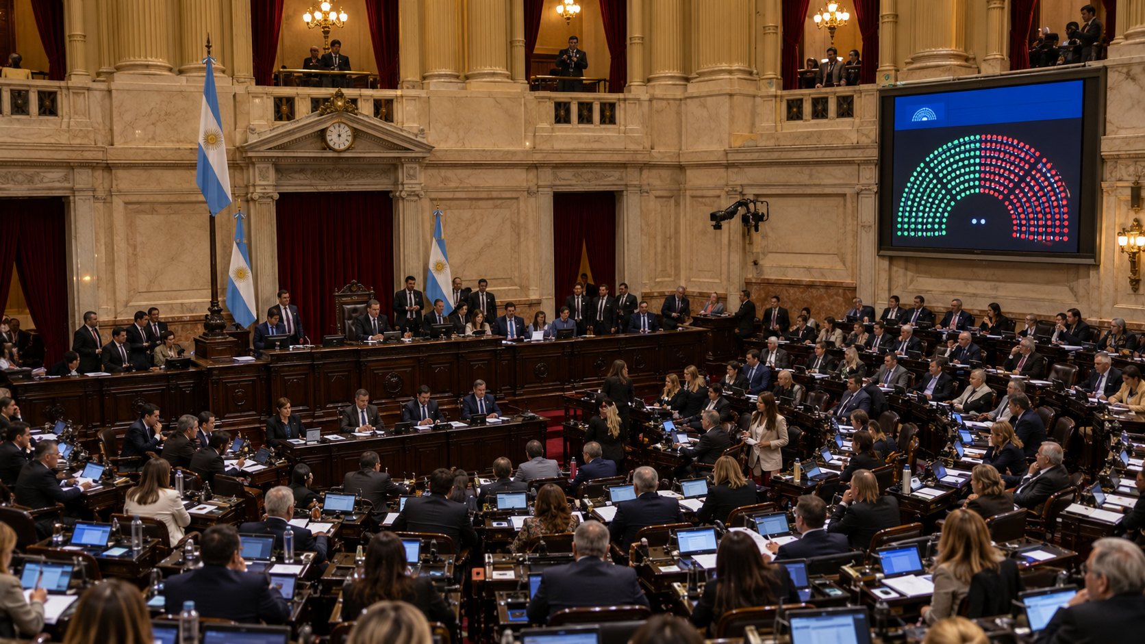 Ilustración editorial generada con IA: el recinto de la Cámara de Diputados de la Nación con las bancas ocupadas, banderas argentinas y el tablero electrónico de votación encendido; composición conceptual, no es una fotografía de la sesión real ni muestra a legisladores identificables.