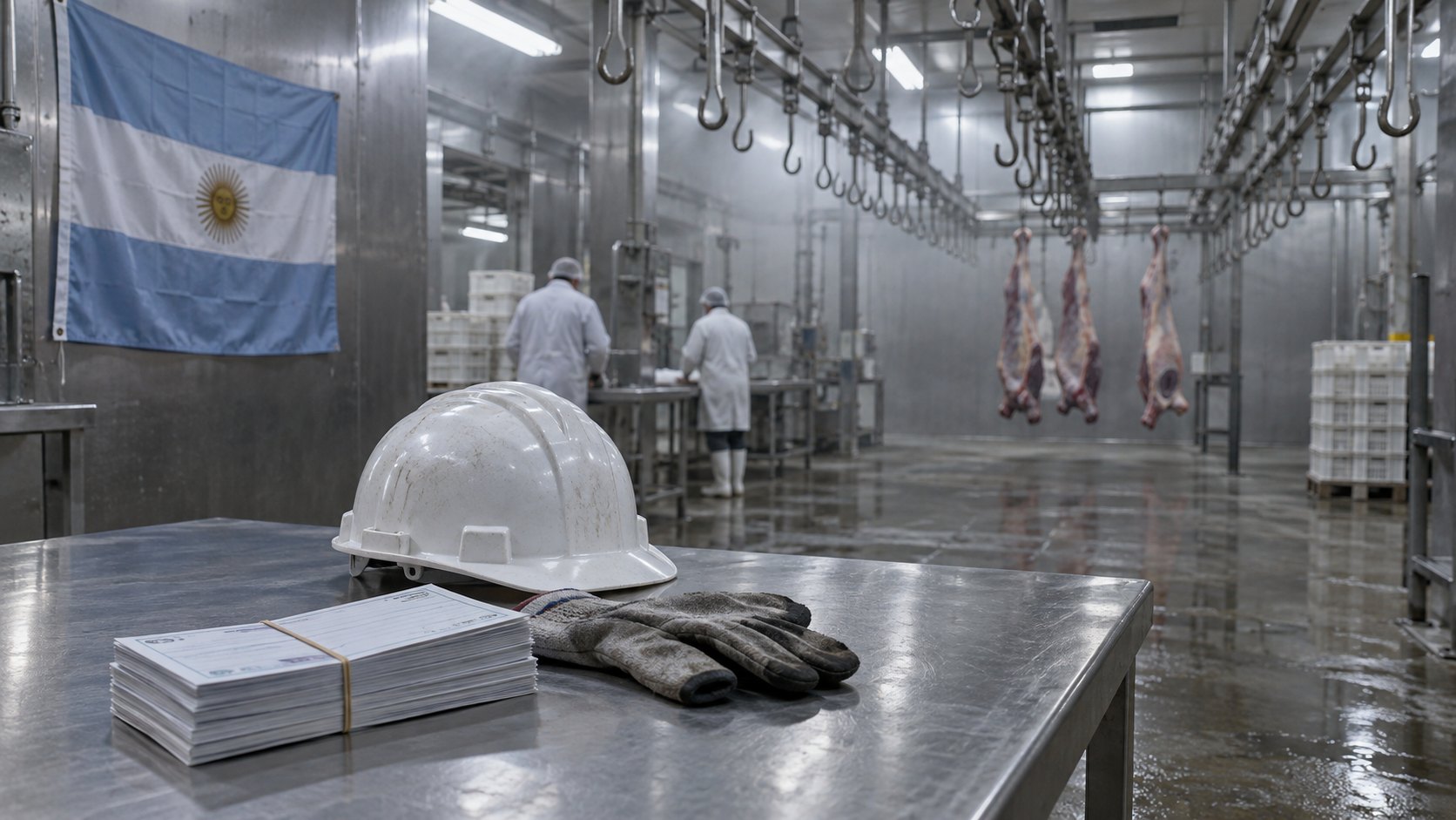 Ilustración editorial generada con IA: interior de una cámara frigorífica industrial con rieles de ganchos mayormente vacíos y pocas medias reses al fondo, una pila de cheques en blanco, un casco blanco y guantes de trabajo sobre una mesa de acero en primer plano, dos operarios al fondo y una bandera argentina en la pared; composición conceptual, no es una fotografía de la planta de Ecocarnes.