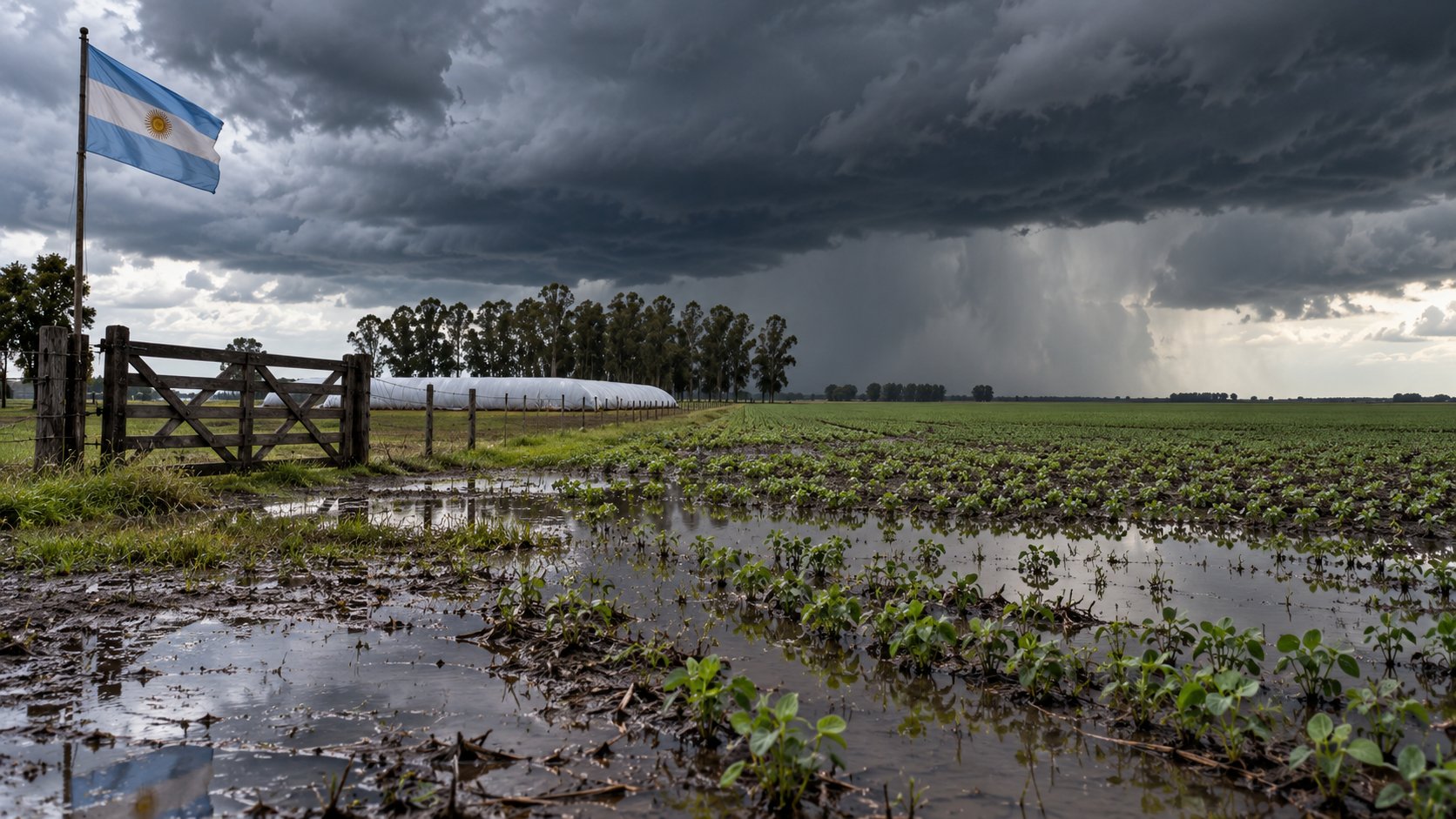 Ilustración editorial generada con IA: un lote agrícola anegado en la llanura del Litoral argentino bajo nubes de lluvia, con una bandera argentina en un mástil de un establecimiento rural; no representa un campo ni un hecho reales.
