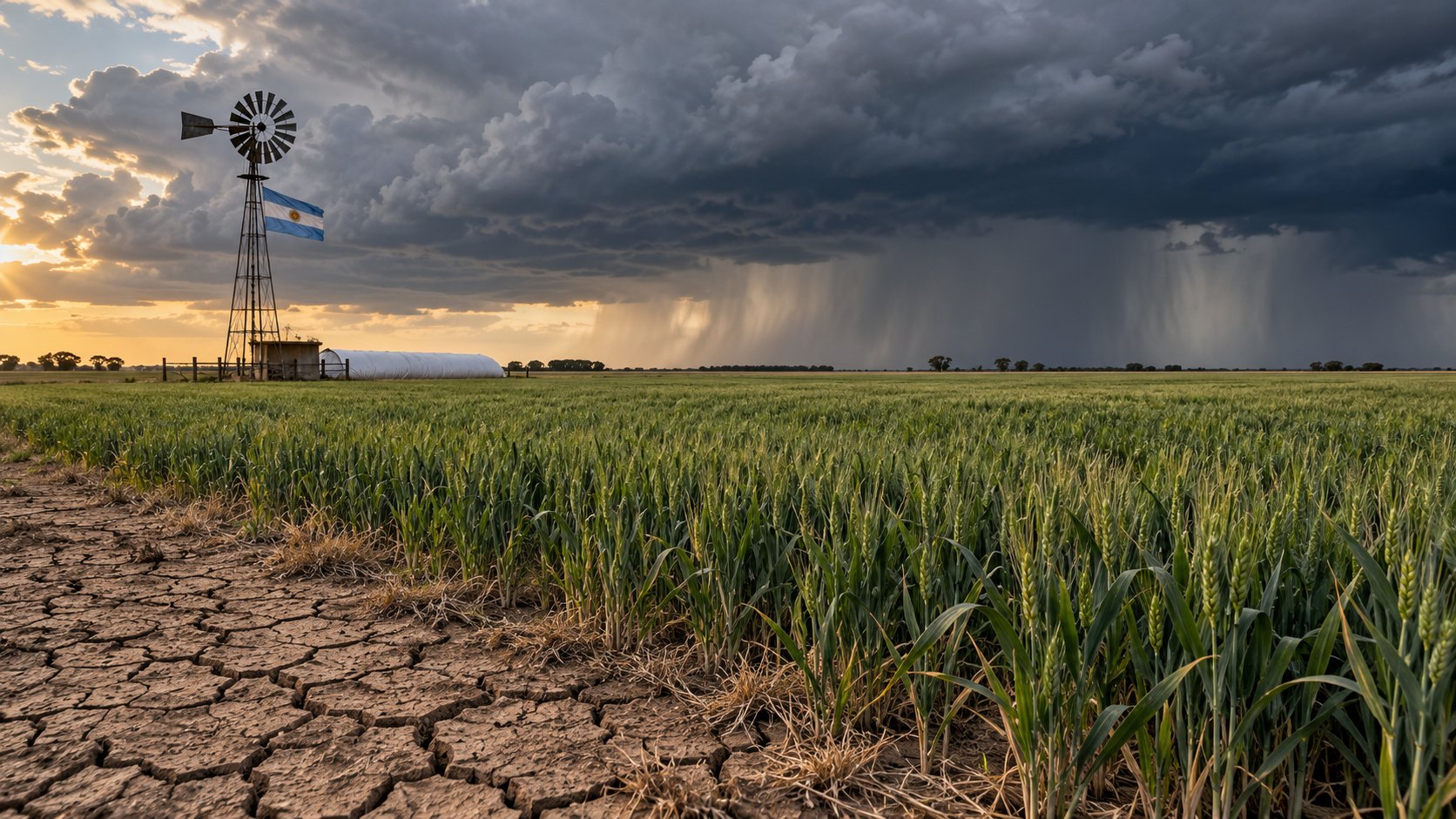 Ilustración editorial generada con IA: un lote de trigo verde en la llanura pampeana con suelo seco y agrietado en primer plano, un molino de campo con una bandera argentina y un frente de tormenta con cortinas de lluvia en el horizonte; composición conceptual, no es una fotografía de un lugar o un hecho real.