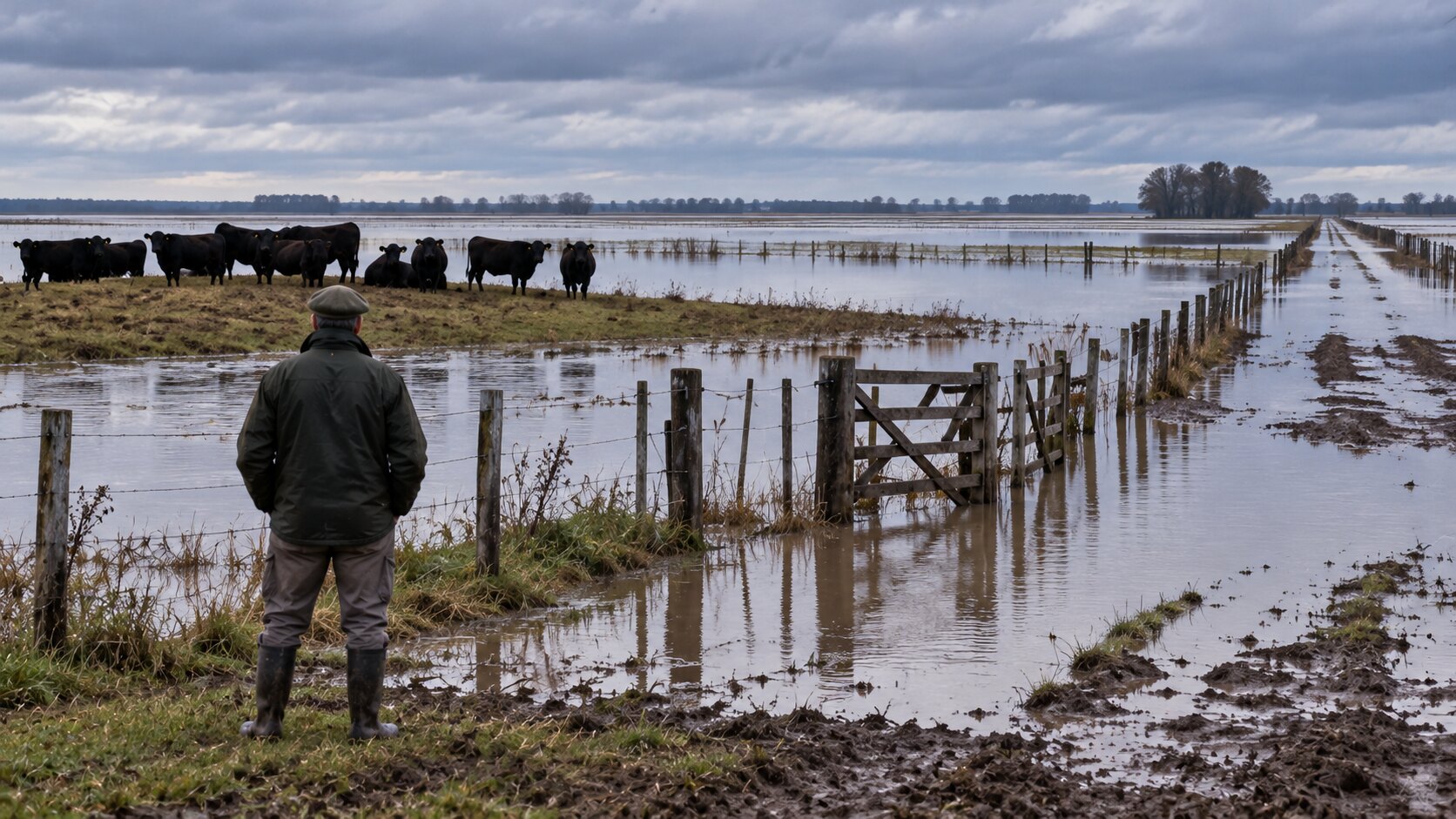 Ilustración editorial generada con IA: un productor de espaldas, con botas de goma, mira un campo anegado de la pampa bonaerense con alambrados y una tranquera en el agua y vacas Aberdeen Angus negras sobre una loma; composición conceptual, no es una fotografía de un campo identificado.