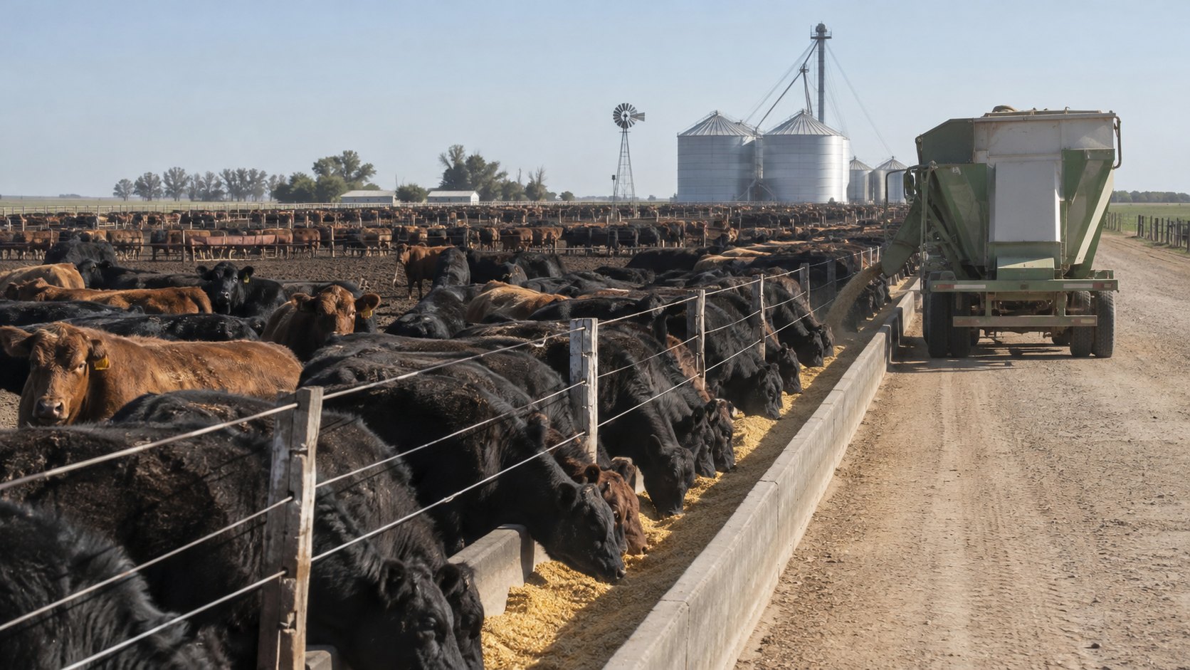 Ilustración editorial generada con IA: un feedlot en la llanura pampeana con corrales llenos de novillos Aberdeen Angus negros y colorados comiendo de un comedero de hormigón mientras un mixer distribuye la ración, con silos y un molino al fondo; no es una fotografía de un establecimiento real.