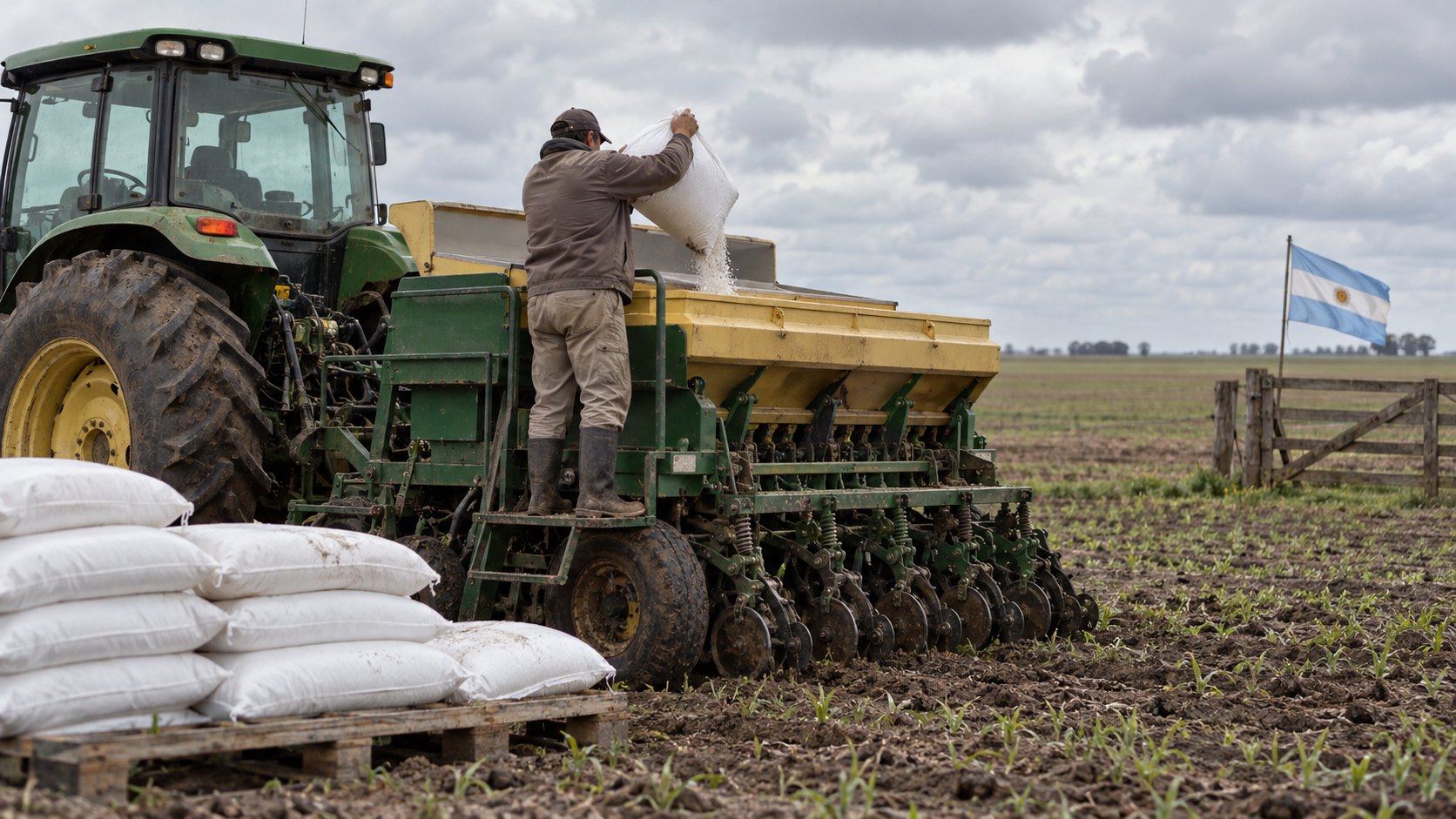 Ilustración editorial generada con IA: un productor carga fertilizante desde una bolsa en la tolva de una sembradora enganchada a un tractor, en un lote de la pampa húmeda con bolsas apiladas y una bandera argentina sobre la tranquera, en un día nublado; composición conceptual, no es una fotografía de un lote real.