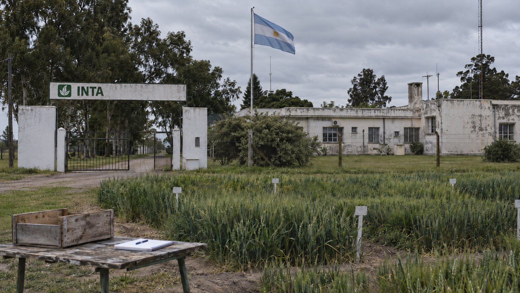 Ilustración editorial generada con IA: la entrada de una estación experimental del INTA en la pampa, con el cartel del organismo, un laboratorio bajo con la pintura gastada, parcelas de ensayo de trigo y una bandera argentina en un día nublado; composición conceptual, no es una fotografía de una estación real.