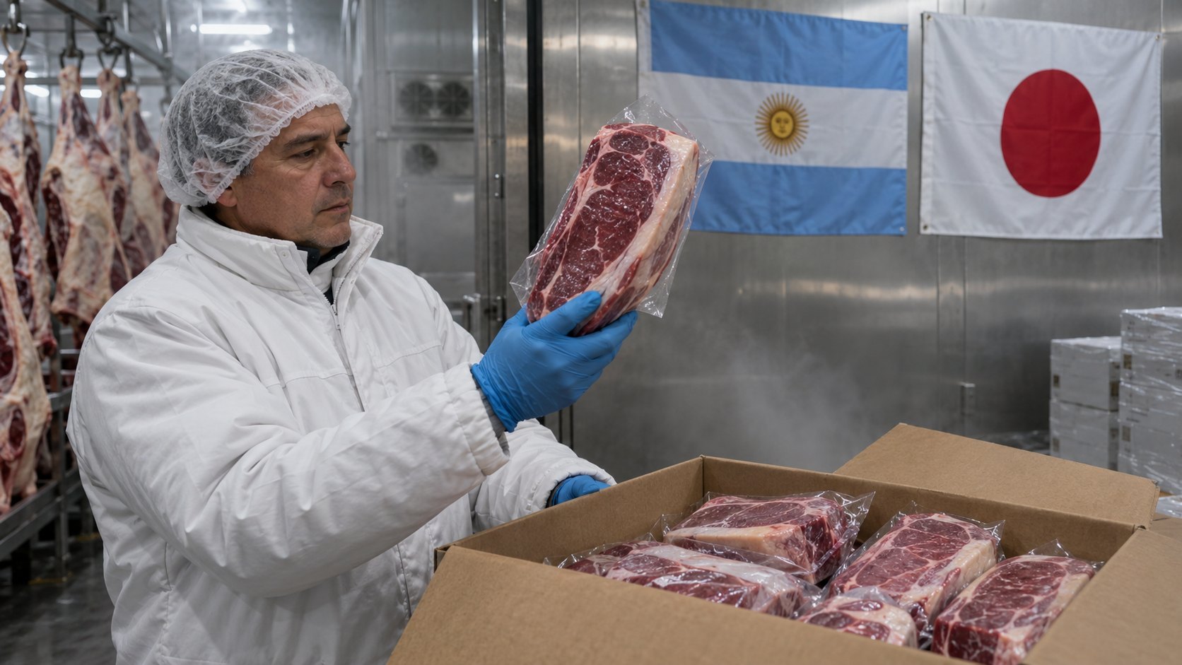 Ilustración editorial generada con IA: en una cámara frigorífica de exportación, un operario con guantes y cofia blanca sostiene un corte de carne vacuna deshuesado envasado al vacío junto a una caja de exportación, con las banderas de la Argentina y de Japón colgadas en la pared de acero; composición conceptual, no es una fotografía de un frigorífico real.