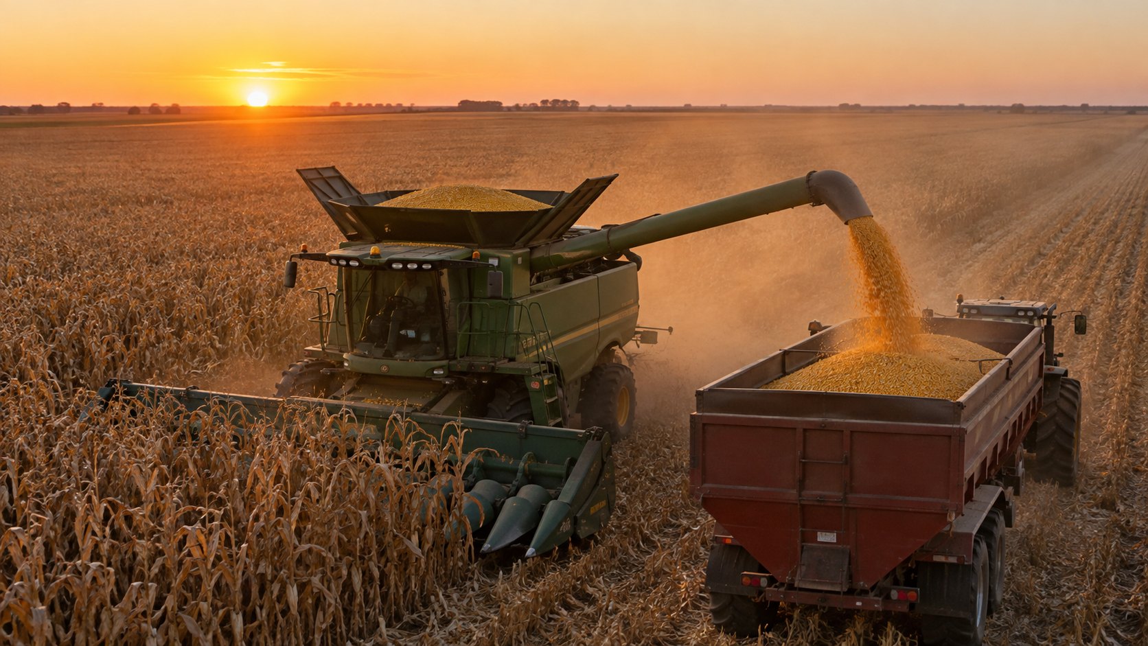 Ilustración editorial generada con IA: una cosechadora descarga granos de maíz amarillo en un carro tolva en un lote de maíz seco de la llanura pampeana al atardecer; composición conceptual, no es una fotografía de un campo real.