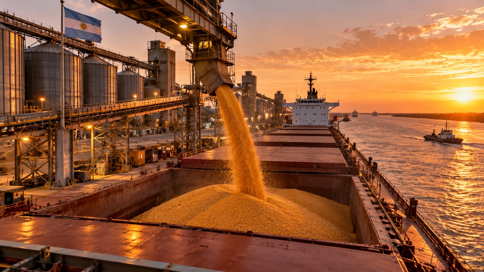 Ilustración editorial generada con IA: un buque granelero carga maíz al atardecer en una terminal portuaria del Gran Rosario sobre el río Paraná, con el chorro de grano cayendo en la bodega, silos y una bandera argentina; composición conceptual, no es una fotografía de una terminal identificada.