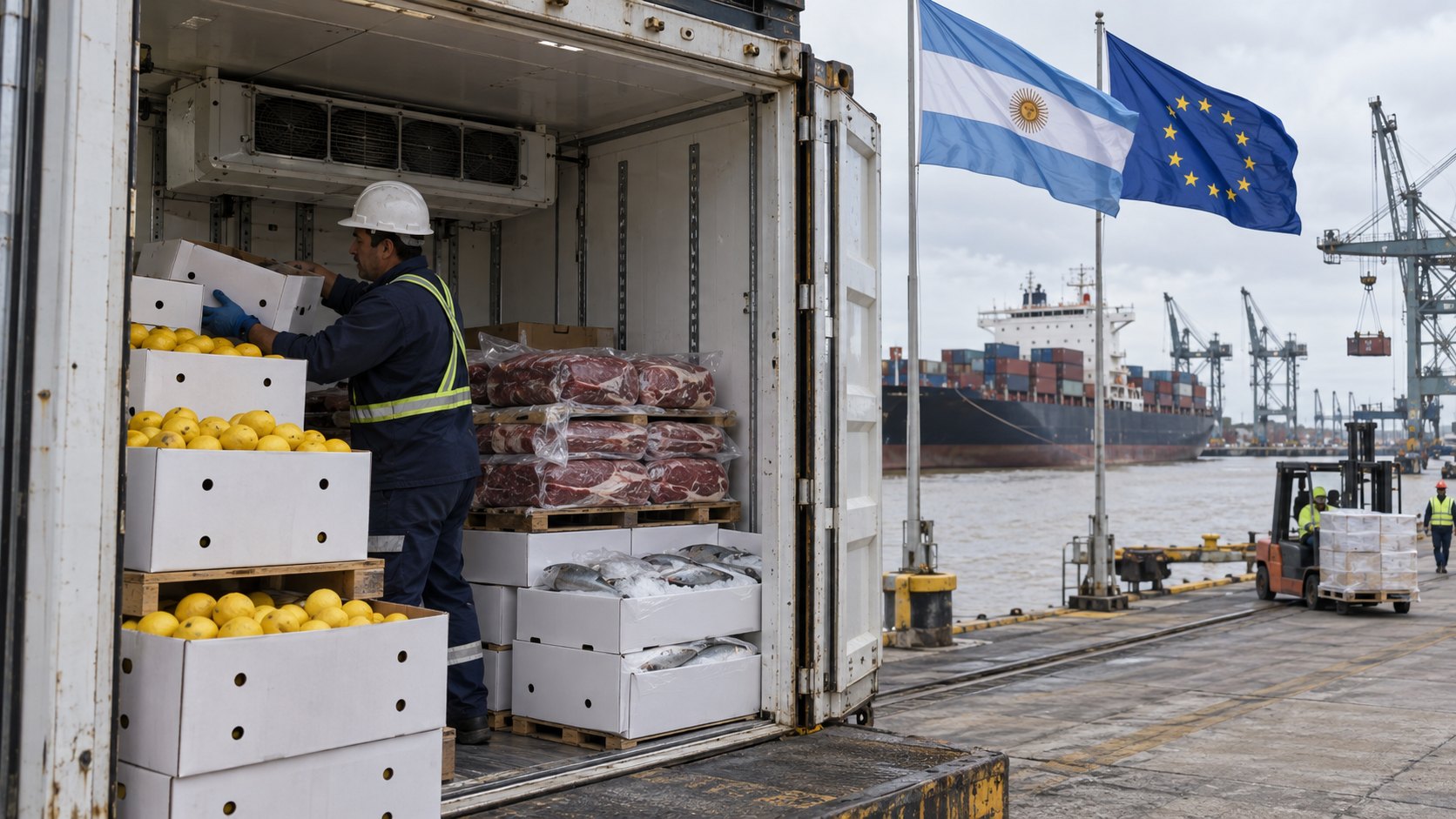 Ilustración editorial generada con IA: en un muelle sobre el río Paraná, un operario acomoda cajas de exportación de limones, carne envasada y pescado congelado dentro de un contenedor refrigerado, con las banderas de la Argentina y de la Unión Europea al fondo y un buque portacontenedores; composición conceptual, no es una fotografía de un puerto real.