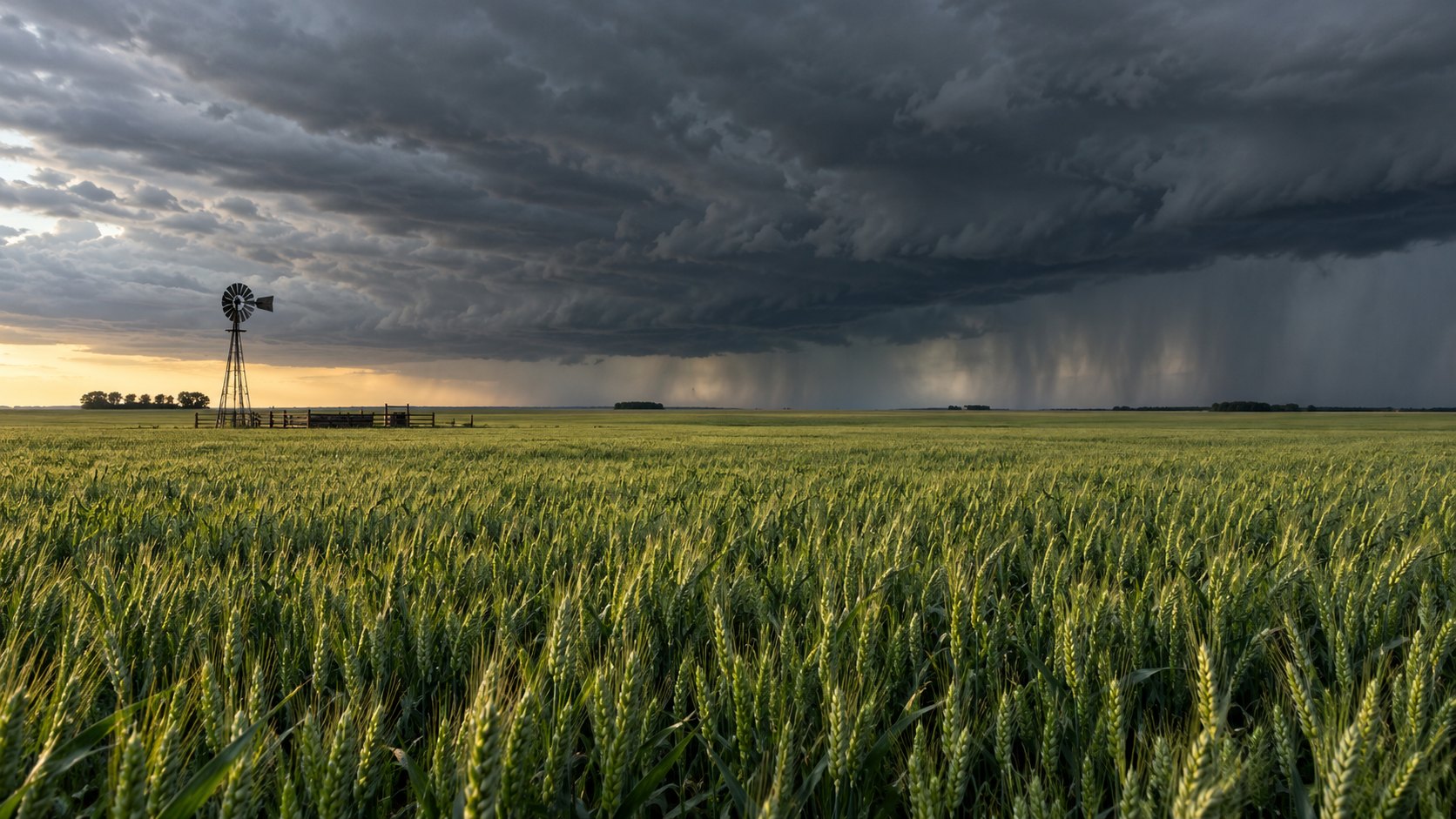 Ilustración editorial generada con IA: un lote de trigo verde en espigazón en la llanura pampeana bajo un frente de tormenta oscuro que avanza con cortinas de lluvia, con un molino y una manga de alambrado a lo lejos; composición conceptual, no es una fotografía de un campo real.