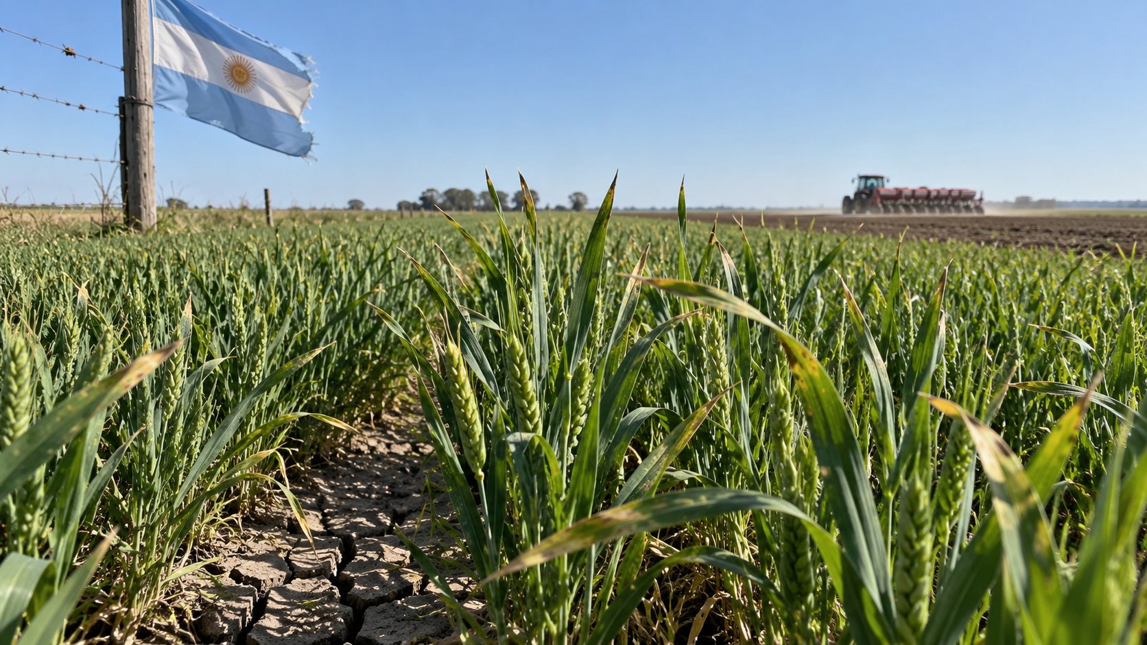Ilustración editorial generada con IA: un lote de trigo verde con hojas con puntas quemadas y suelo seco agrietado entre los surcos, una bandera argentina en un poste de alambrado y una sembradora trabajando a lo lejos; no es una fotografía de un campo real.