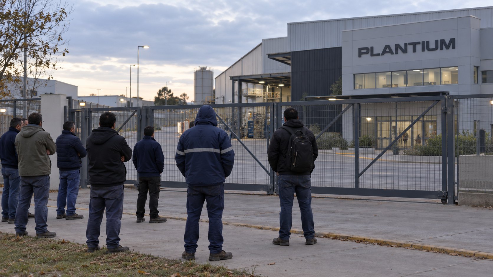 Ilustración editorial generada con IA: un grupo de trabajadores, de espaldas, espera frente al portón de rejas cerrado de una planta industrial con el cartel de Plantium en la fachada, a primera hora de la mañana; composición conceptual, no es una fotografía de la planta de Villa Constitución.