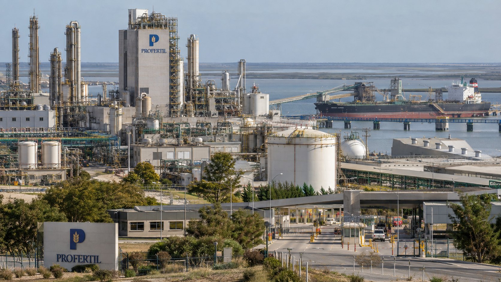 Ilustración editorial generada con IA: el complejo de fertilizantes de Profertil en Ingeniero White, junto al estuario de Bahía Blanca, con torres de proceso, tanques y un buque en el muelle; composición conceptual, no es una fotografía de la planta ni de la ampliación proyectada.