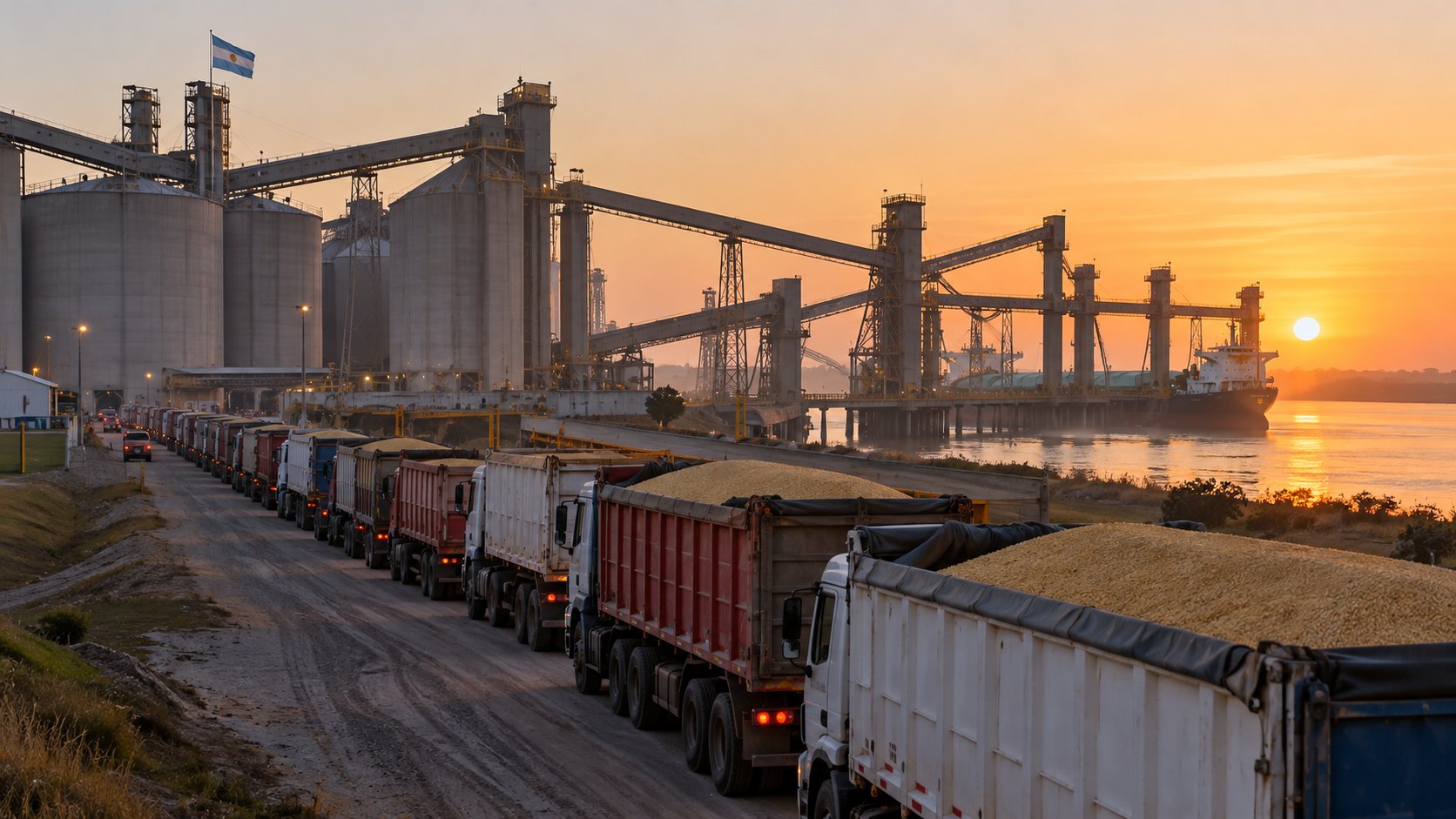 Ilustración editorial generada con IA: una larga fila de camiones cerealeros cargados espera para descargar frente a una terminal agroexportadora con silos sobre el río Paraná, en el Gran Rosario, al amanecer, con una bandera argentina en la terminal; composición conceptual, no es una fotografía de un día ni de una terminal reales.