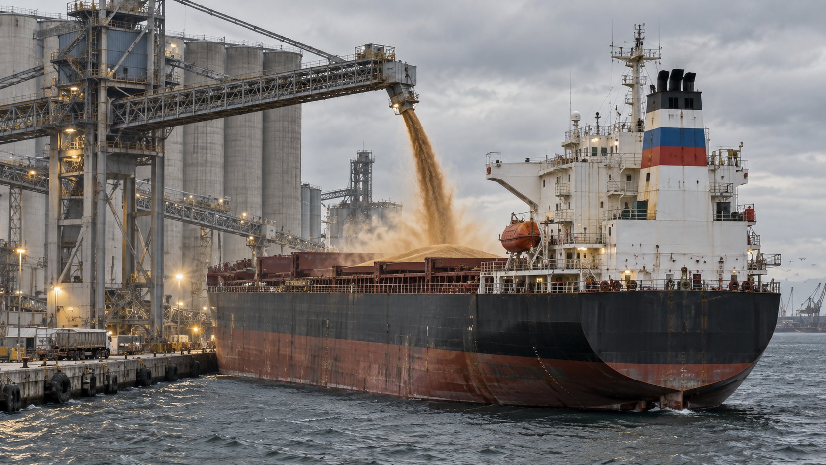 Ilustración editorial generada con IA: un buque granelero con bandera de Rusia recibe trigo desde el brazo de carga de una terminal portuaria, con silos al fondo; no representa un puerto ni un embarque real.