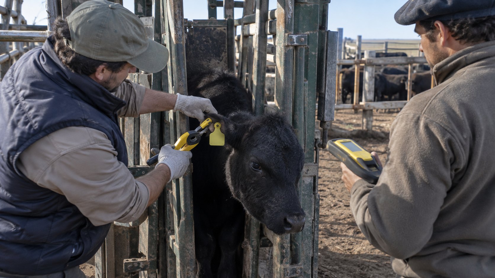Ilustración editorial generada con IA: un vacunador con chaleco y gorra coloca con una pinza aplicadora una caravana electrónica amarilla en la oreja de un ternero Aberdeen Angus en la manga de un campo de cría de la pampa, mientras un compañero sostiene un lector de mano; composición conceptual, no es una fotografía de un hecho real.