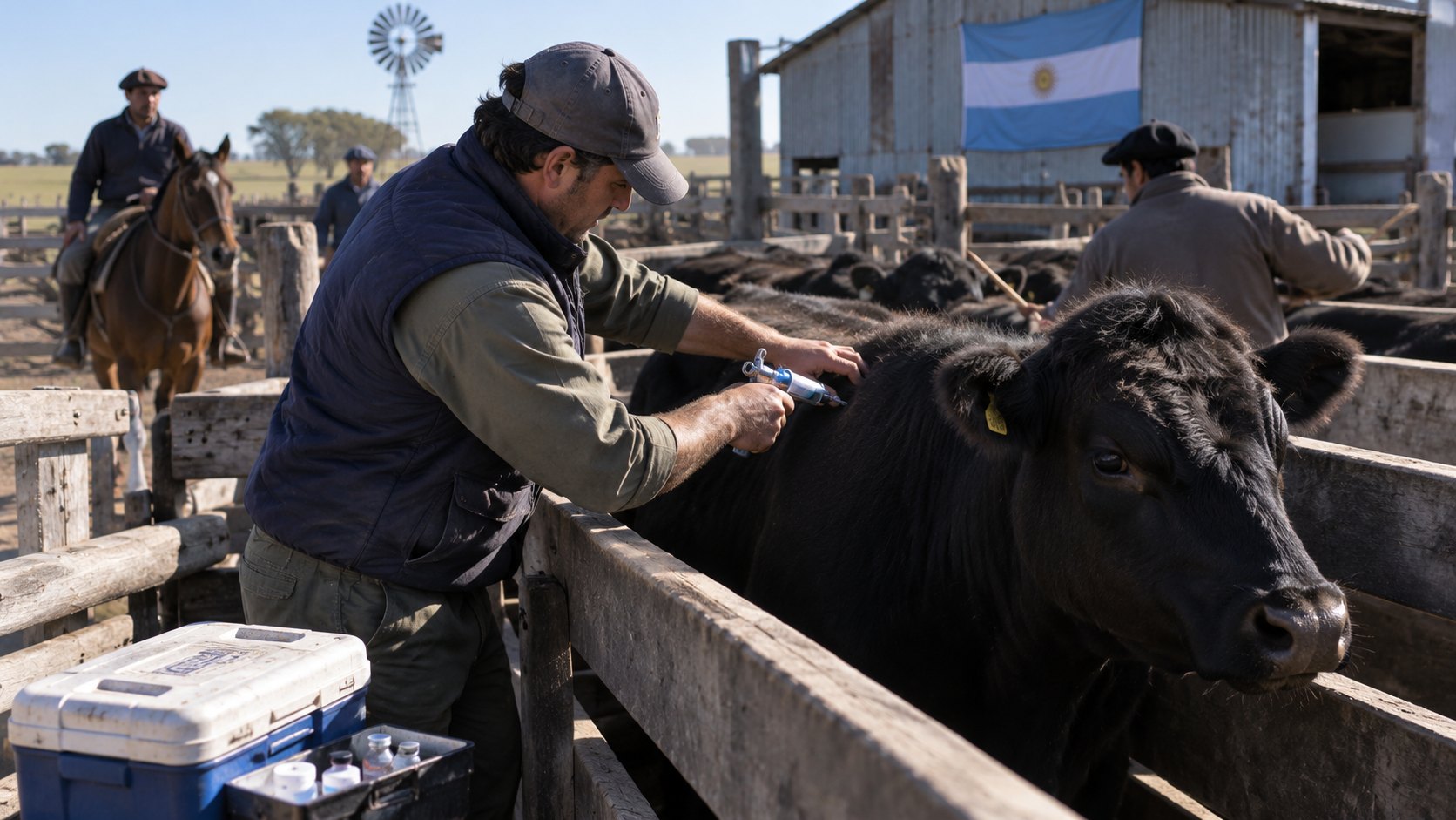 Ilustración editorial generada con IA: un veterinario rural con gorra y chaleco vacuna a un novillo Aberdeen Angus en la manga de un campo de la pampa húmeda, con una conservadora de vacunas a sus pies, peones arreando la hacienda y una bandera argentina en el galpón; composición conceptual, no es una fotografía de un hecho real.