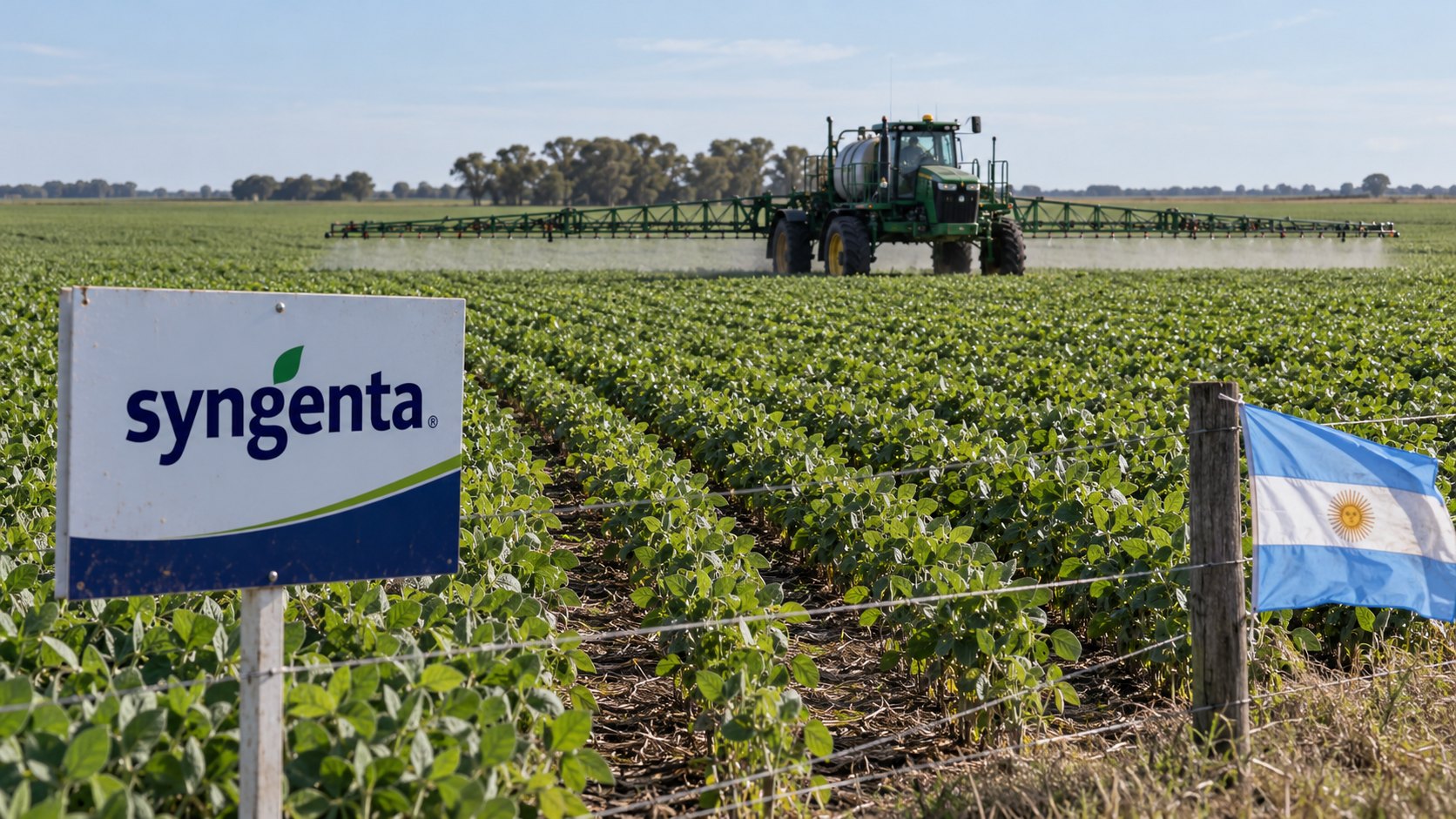 Ilustración editorial generada con IA: un lote de soja joven en la pampa húmeda con una pulverizadora autopropulsada trabajando al fondo y, en primer plano, un cartel de campo de ensayo con la marca Syngenta y una bandera argentina en el alambrado; composición conceptual, no es una fotografía de un lote real.