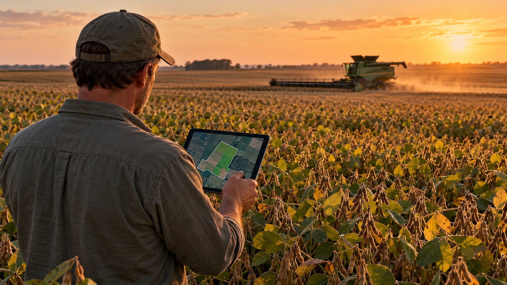 Ilustración editorial generada con IA: un productor de espaldas, con gorra, revisa en una tablet el mapa satelital con el polígono de su campo en medio de un lote de soja madura de la pampa húmeda al atardecer, con una cosechadora trabajando a lo lejos; composición conceptual, no es una fotografía de un campo identificado.
