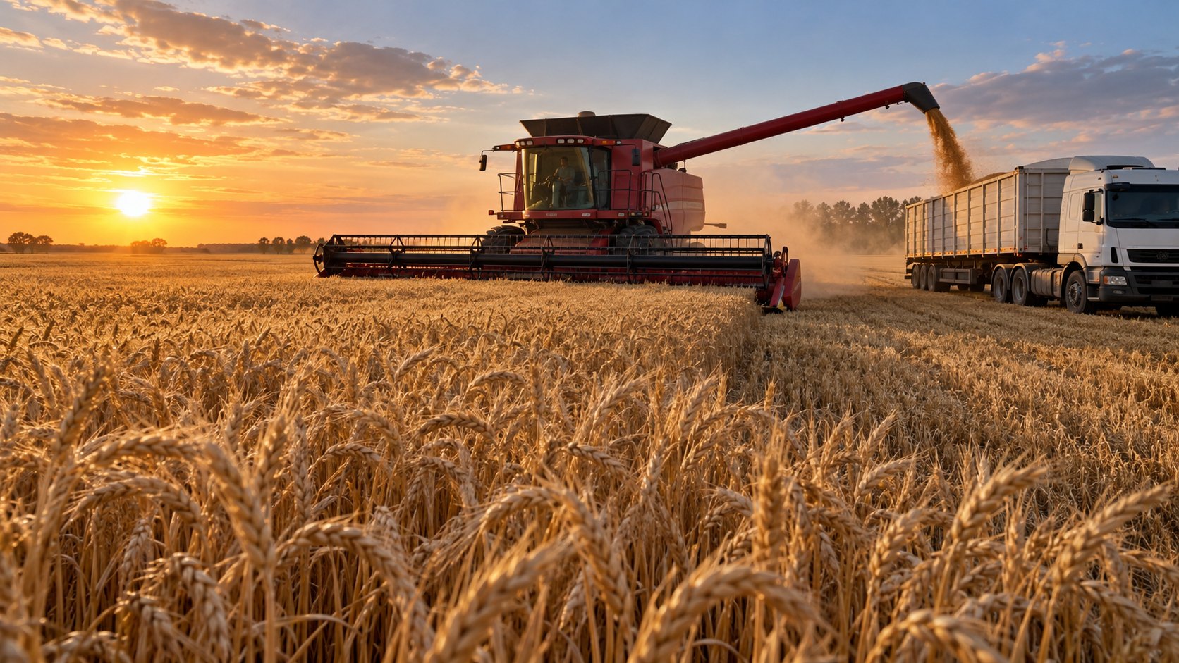 Ilustración editorial generada con IA: una cosechadora trabaja en un lote de trigo dorado maduro de la zona núcleo al atardecer, con espigas en primer plano mientras descarga el grano en un camión tolva; composición conceptual, no es una fotografía de un campo identificado.