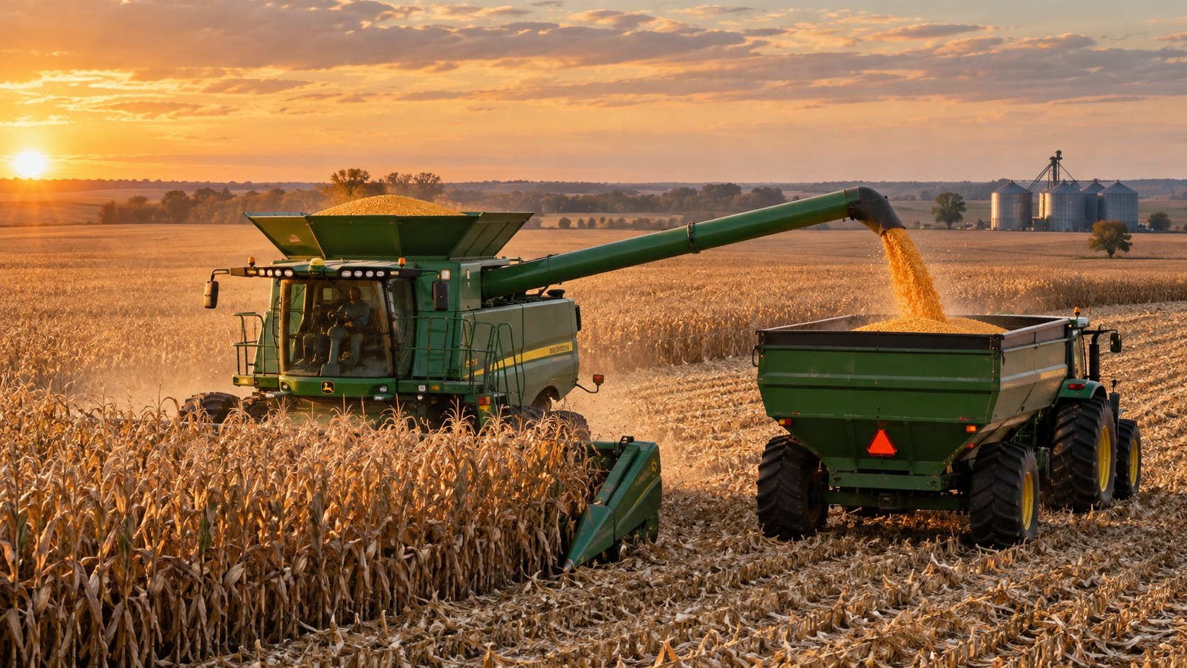 Ilustración editorial generada con IA: una cosechadora verde y amarilla cosecha maíz en un lote del Medio Oeste de Estados Unidos al atardecer y descarga el grano en un carro tolva, con silos de chapa a lo lejos; composición conceptual, no es una fotografía de un campo real.